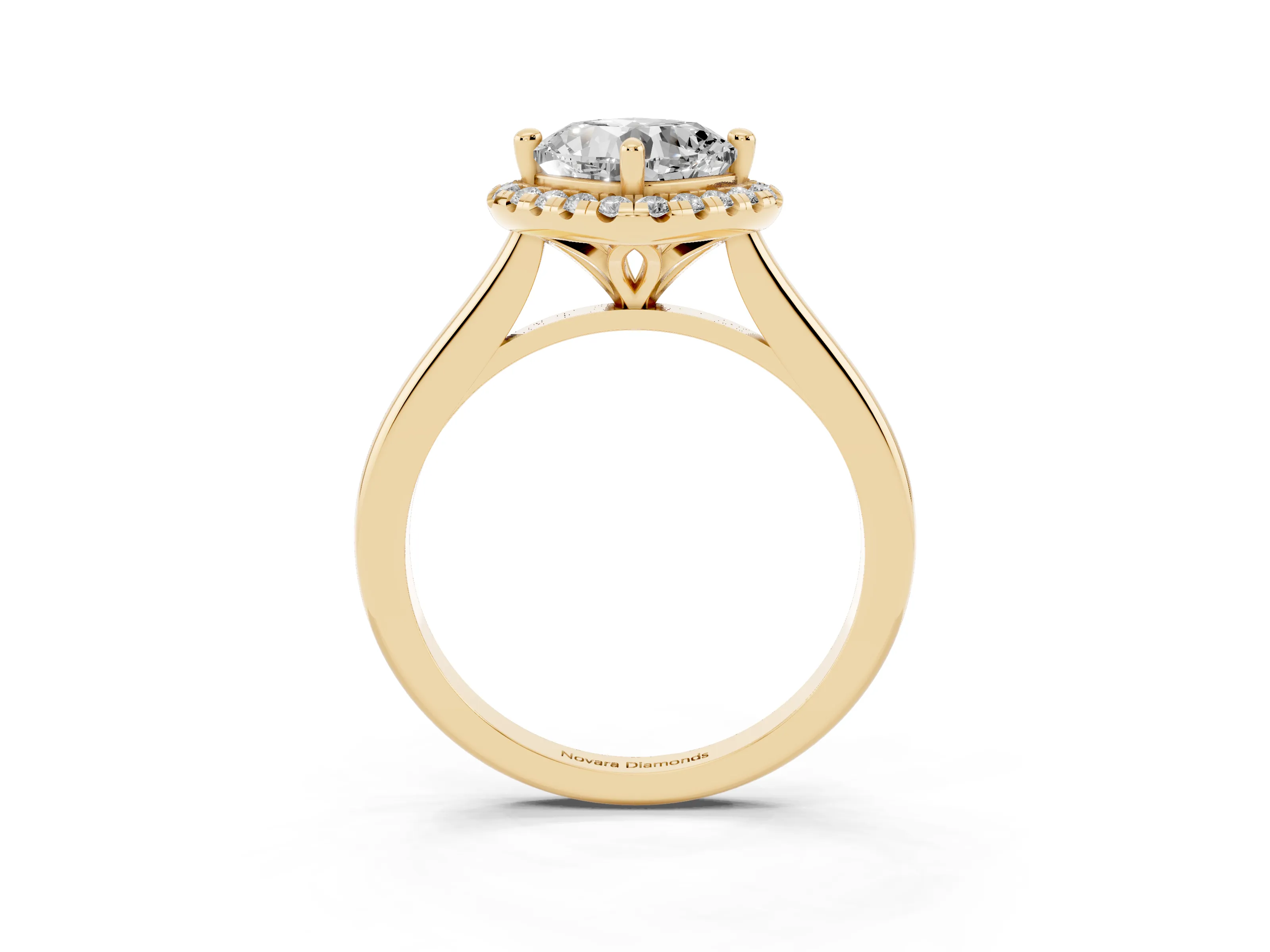Cushion Cut Diamond Halo Engagement Ring Set in Yellow gold with Pavé Band and Rising Shoulders