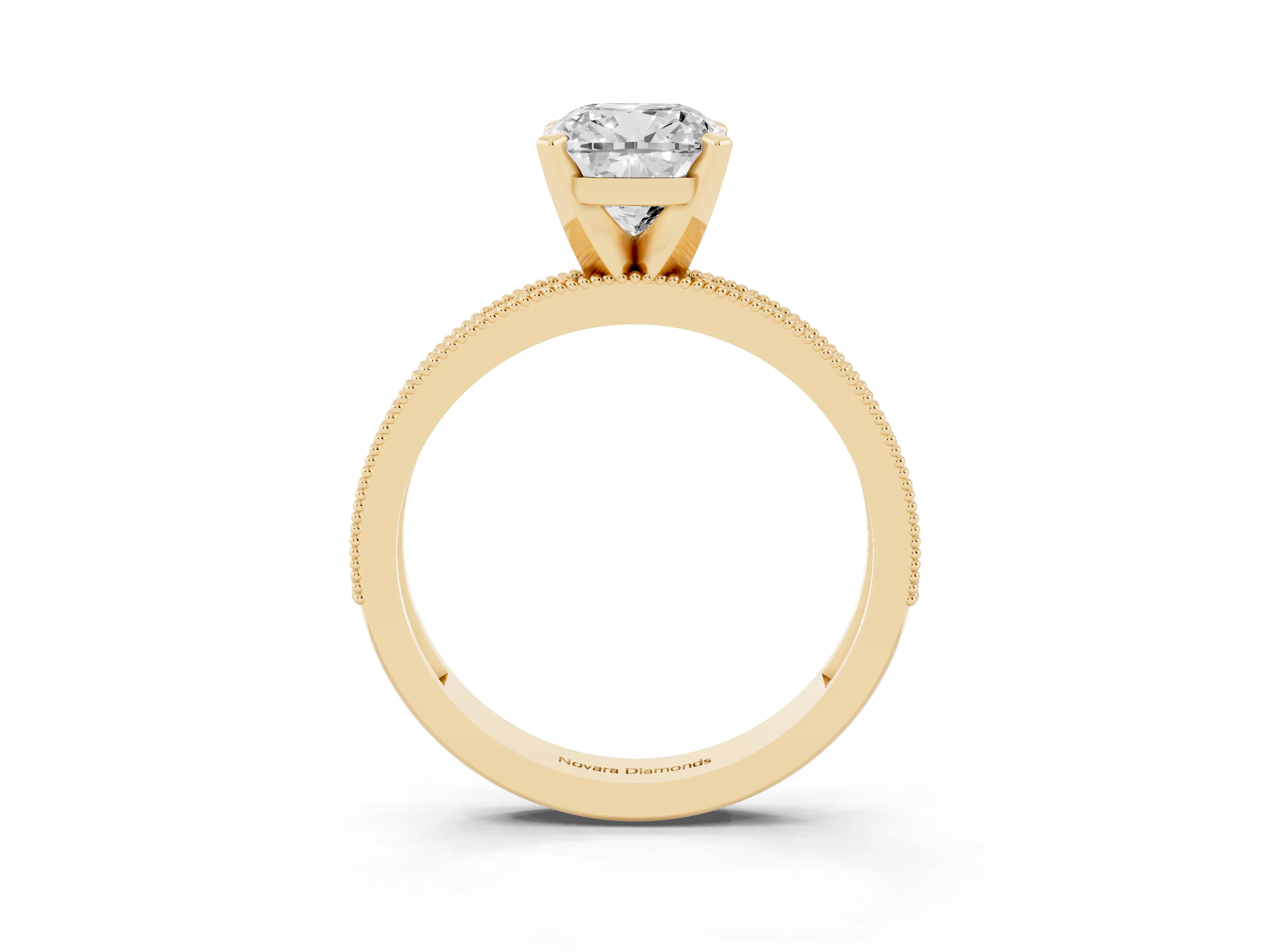 Cushion Cut Diamond Milgrain Pavé Engagement Ring Set in Yellow gold with Prong Setting