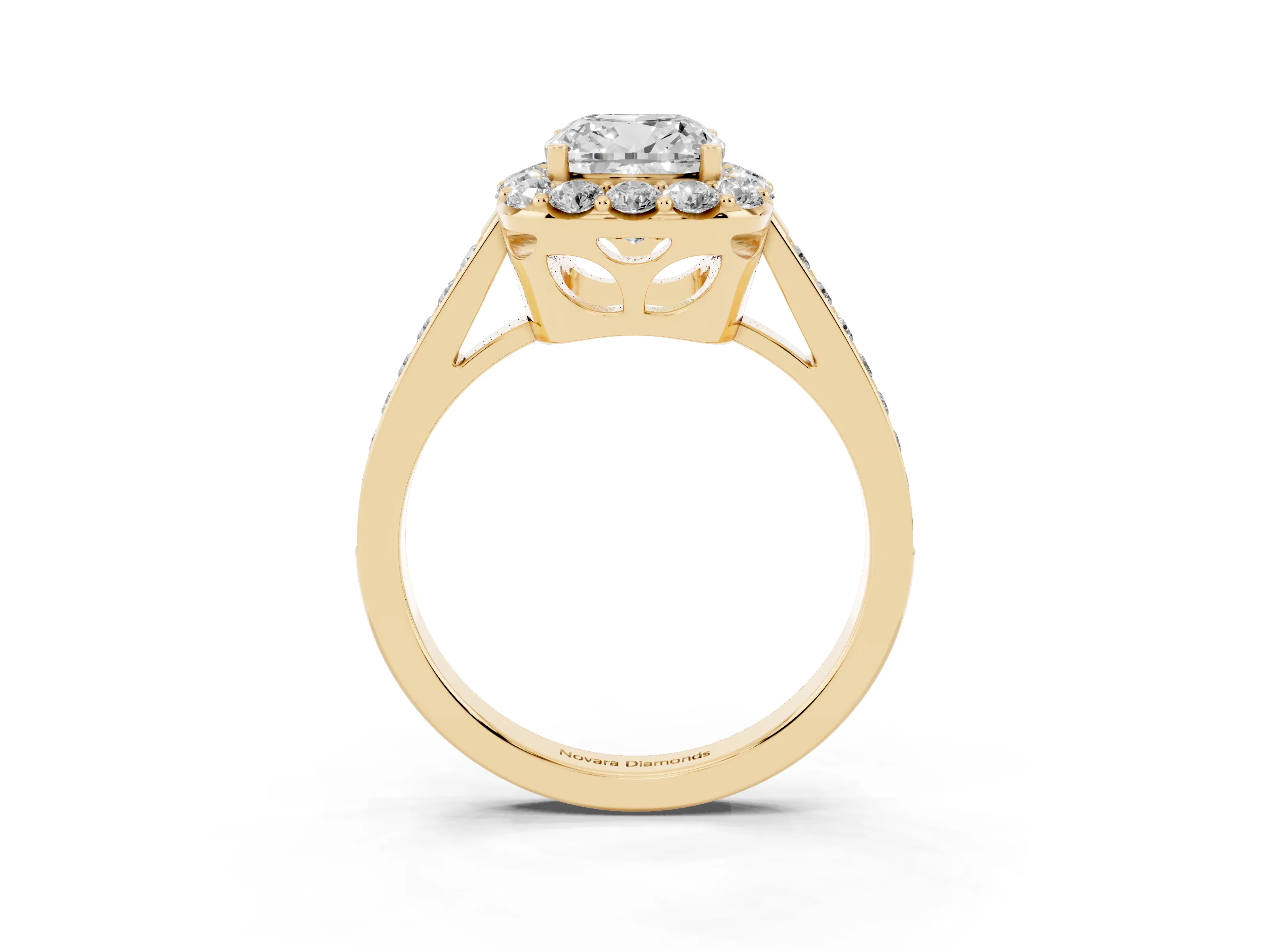 Cushion Cut Diamond Floral Halo Ring Set in Yellow gold with Pavé Band and Prong Setting