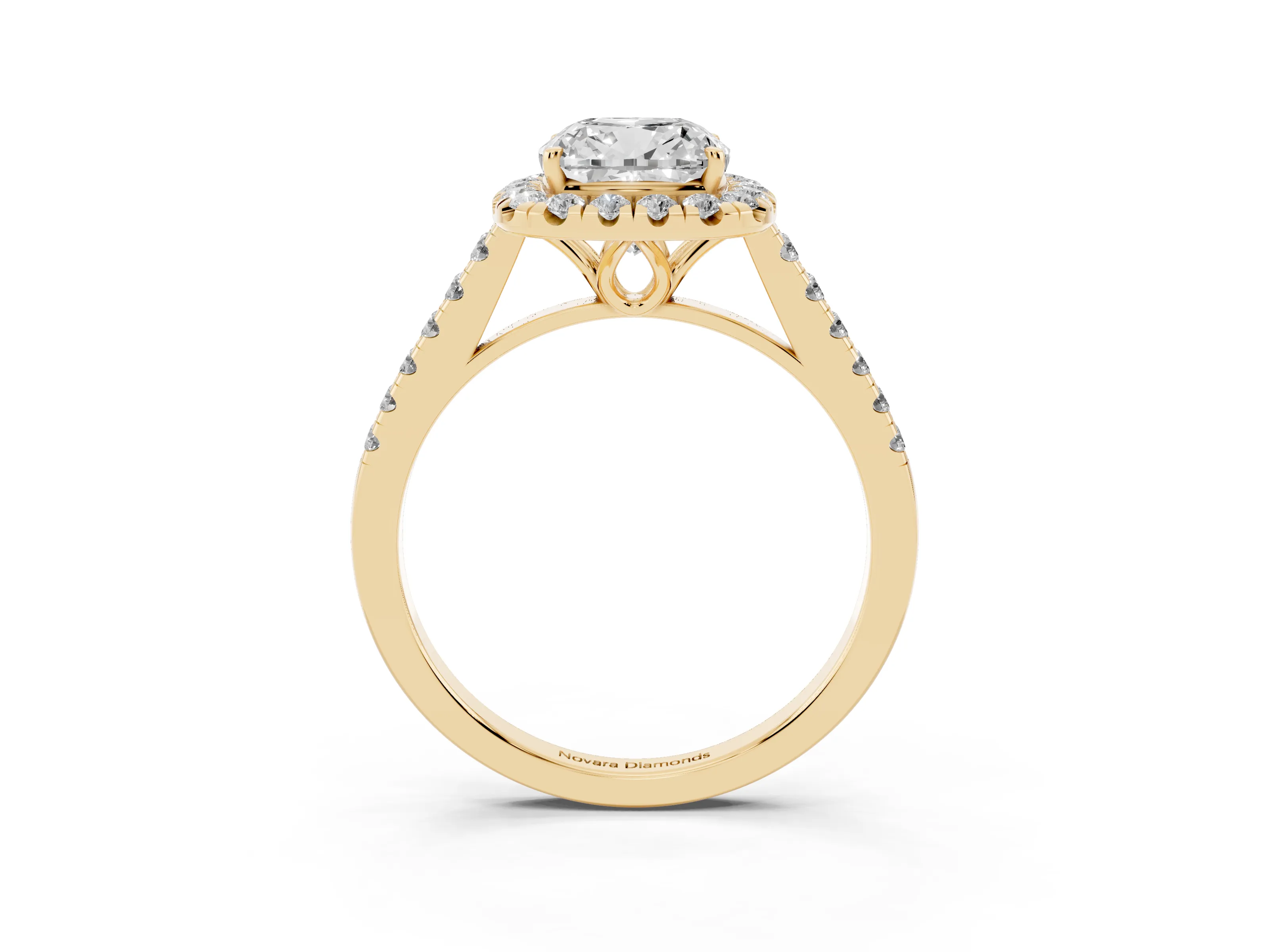 Cushion Cut Diamond Pavé Halo Engagement Ring Set in Yellow gold with Pavé Band and Prong Setting