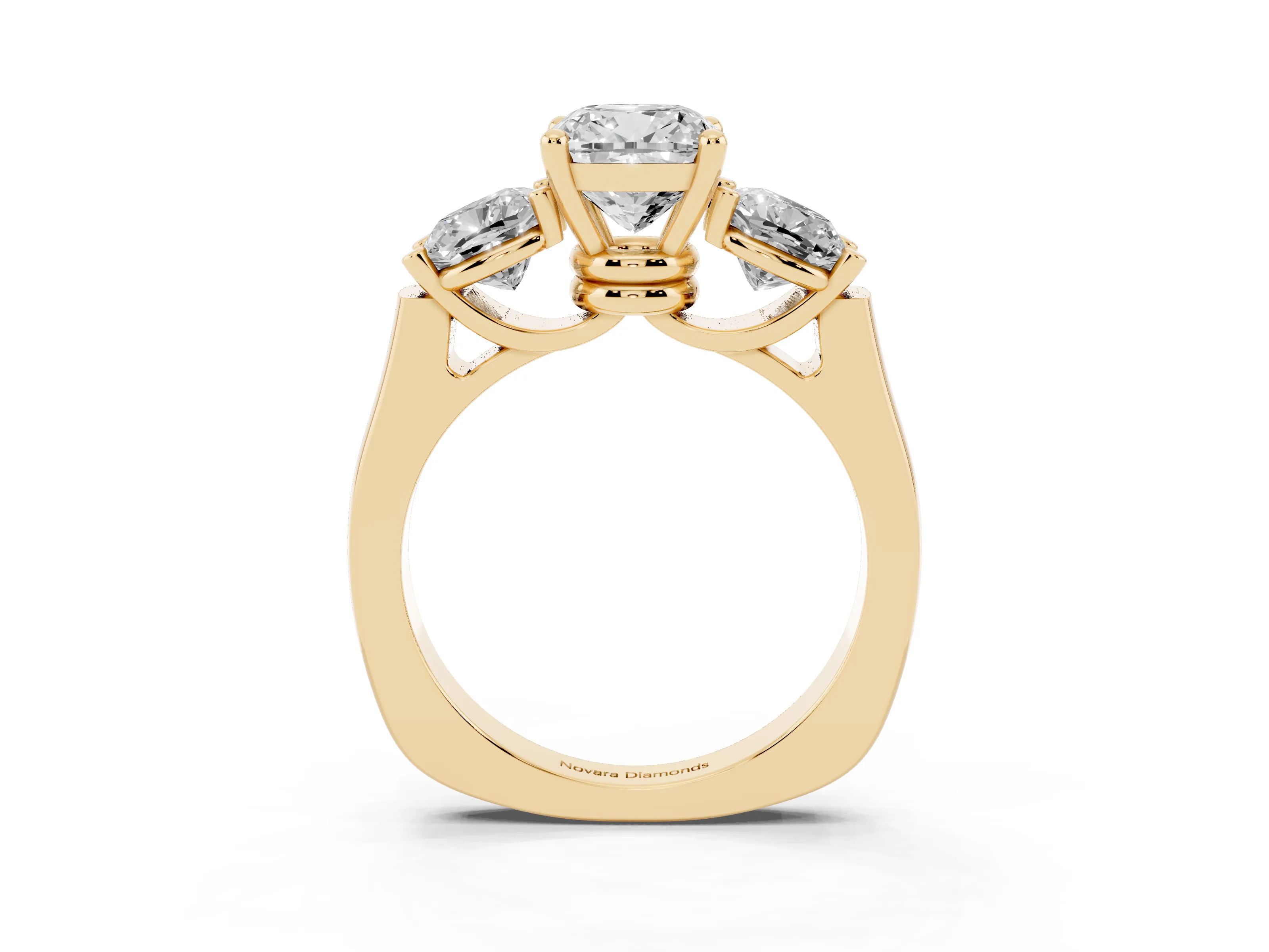Cushion Cut Diamond Three-Stone Trellis Ring Set in Yellow gold with Comfort Fit Band