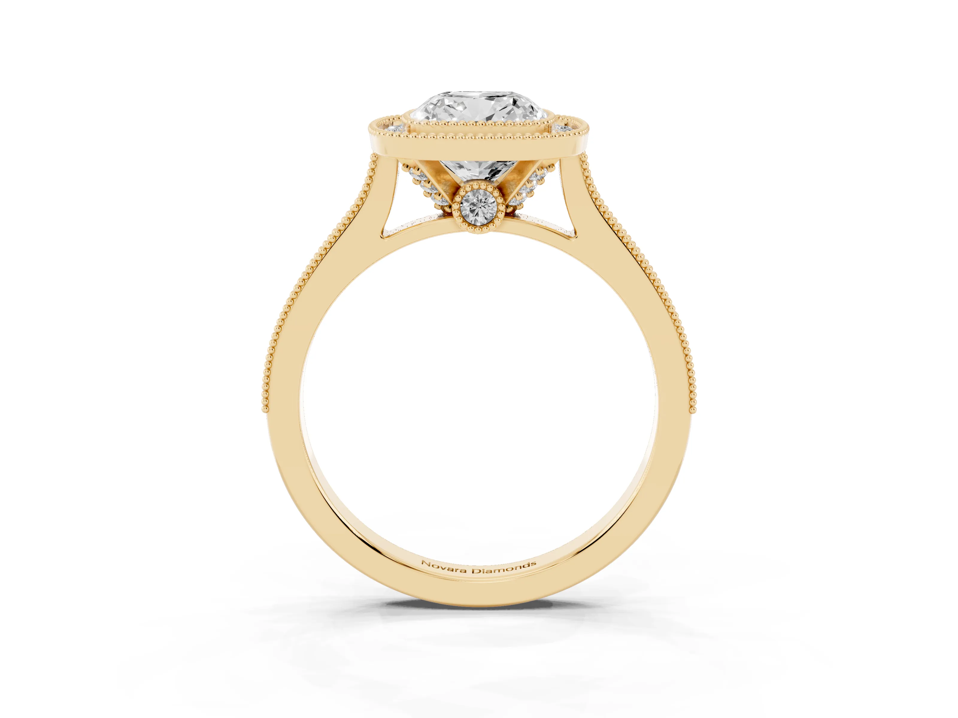 Cushion Cut Diamond Halo Milgrain Pavé Band Ring Set in Yellow gold with Prong Setting