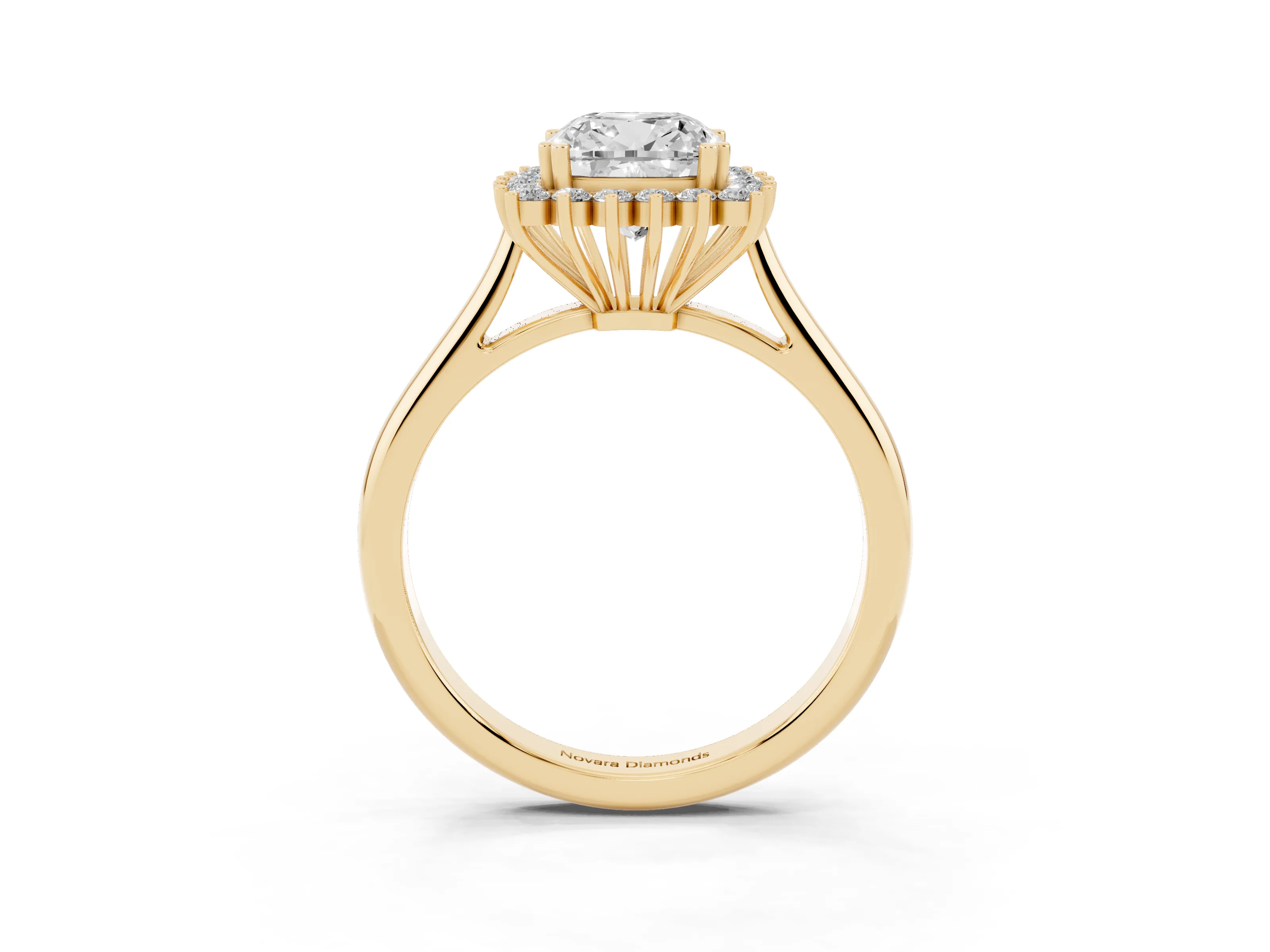 Cushion Cut Diamond Halo Ring Set in Yellow gold with Plain Solitaire Band and Prong Setting
