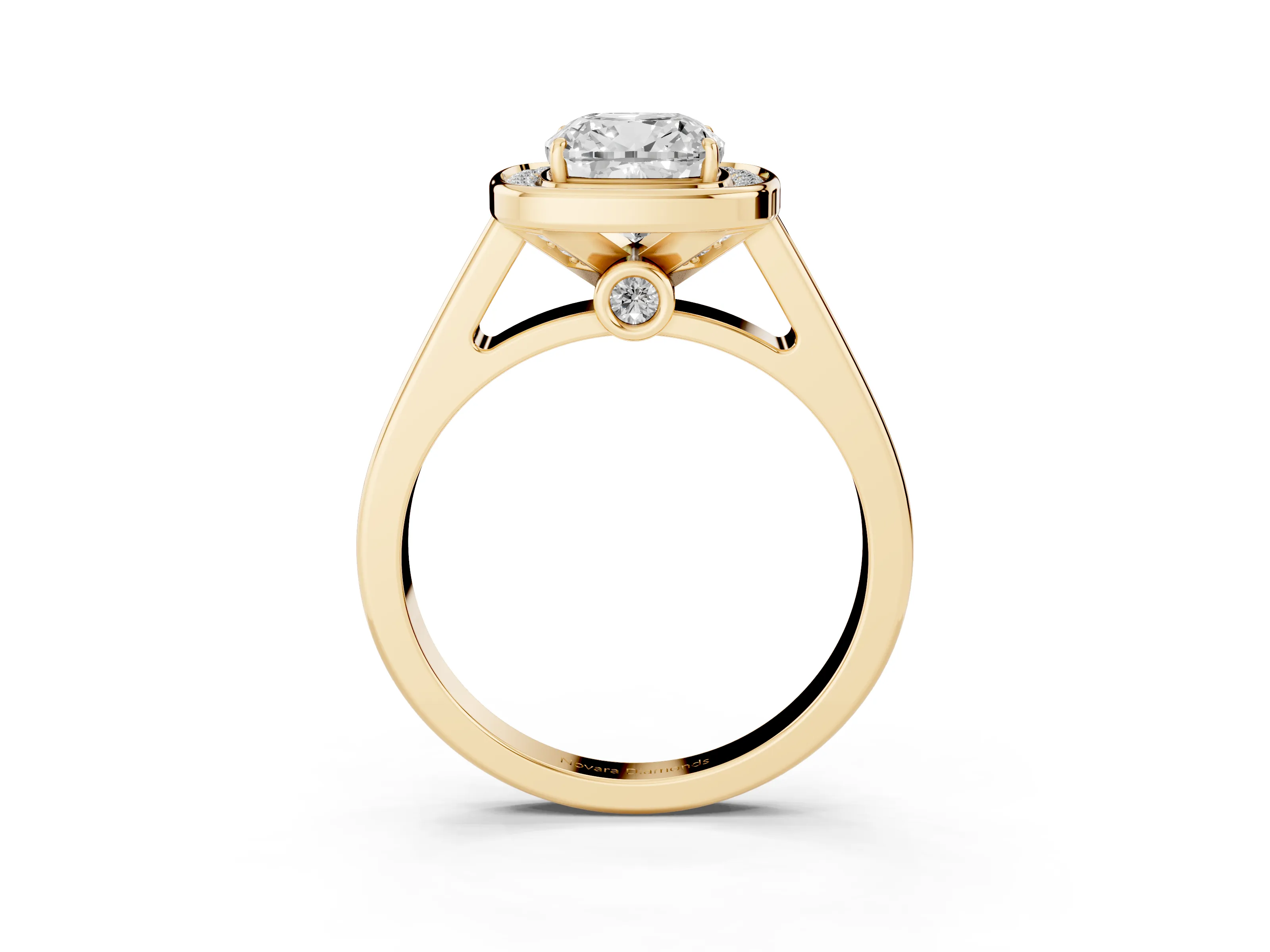Cushion Cut Diamond Halo Solitaire Ring Set in Yellow gold with Pavé Band and Bezel Setting