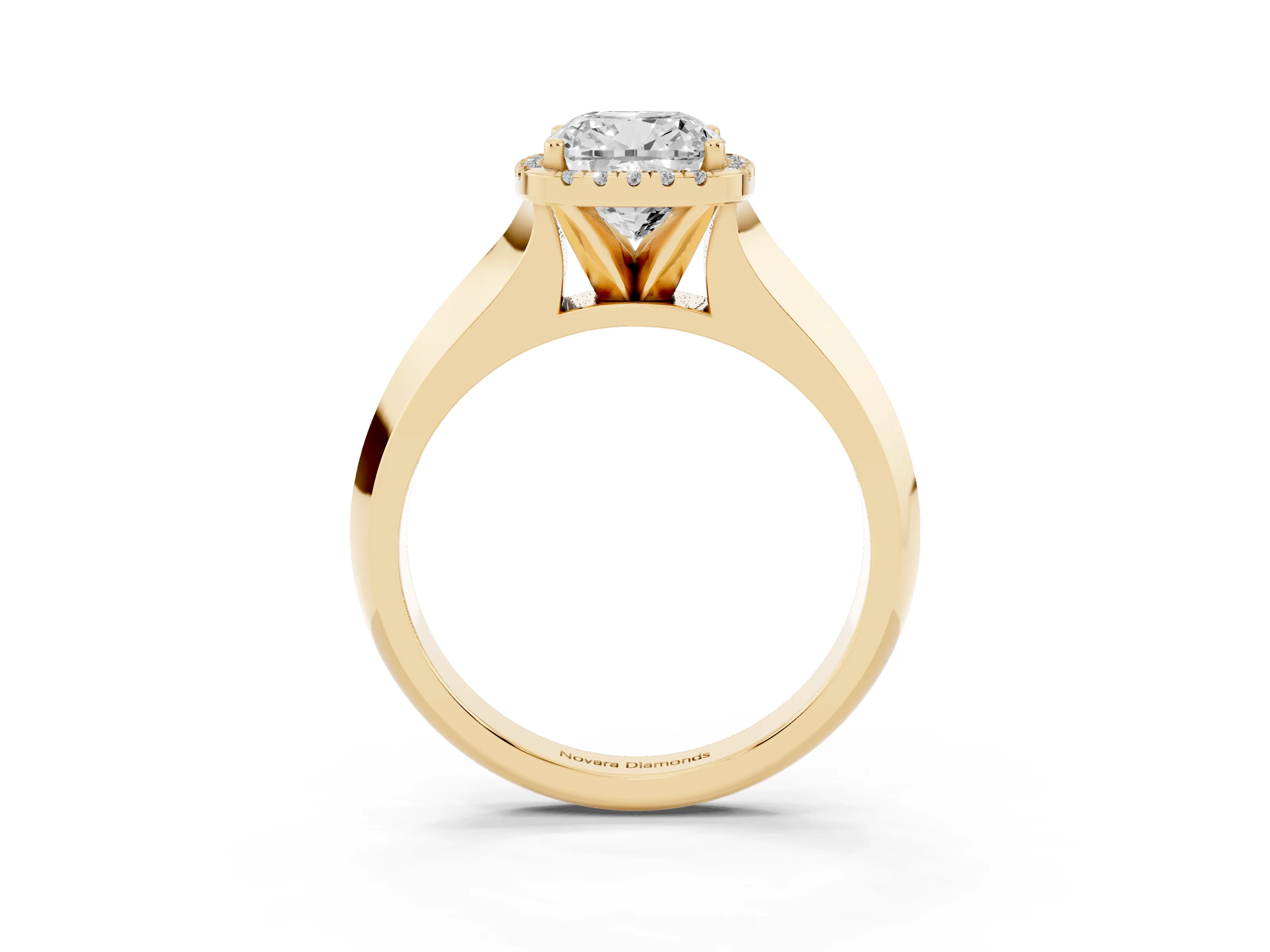Cushion Cut Diamond Halo Ring Set in Yellow gold with Cathedral Band and Prong Setting