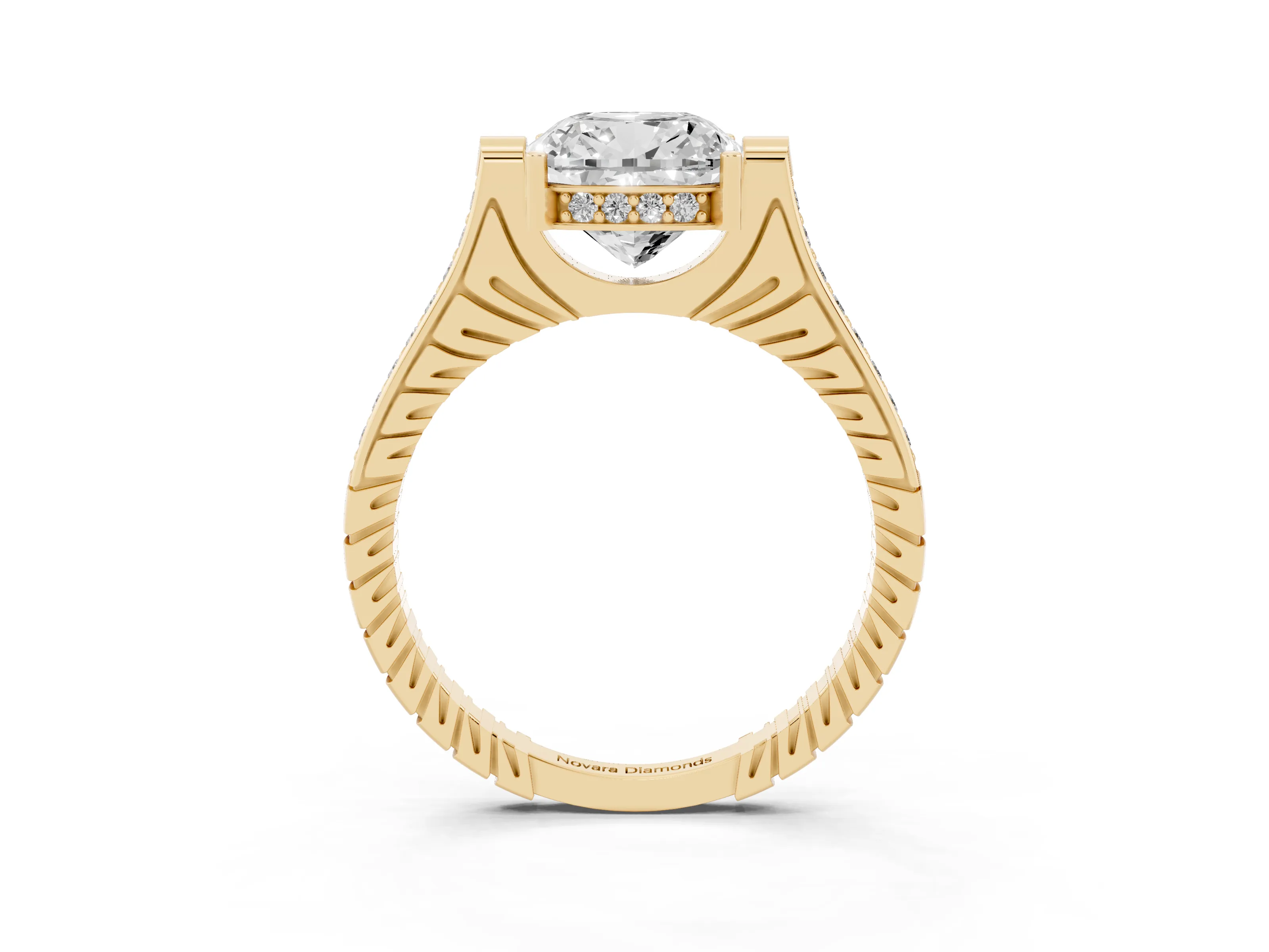 Cushion Cut Diamond Solitaire Ring Set in Yellow gold with Channel Set Band and Bezel Prong Setting