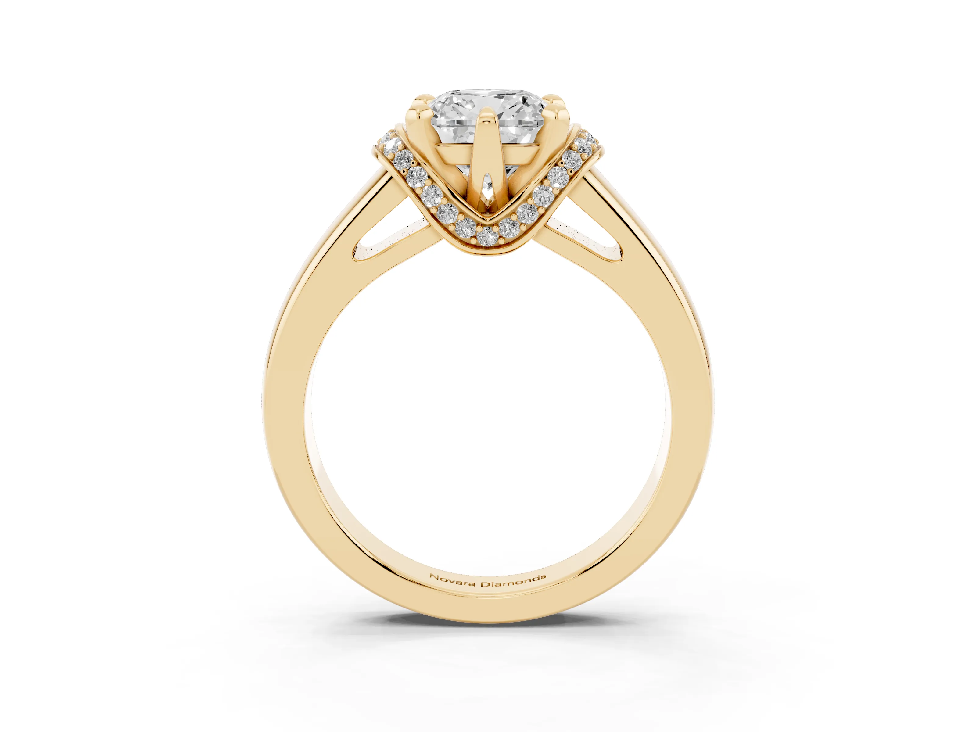 Cushion Cut Diamond Pavé Band Solitaire Ring Set in Yellow gold with Prong Setting