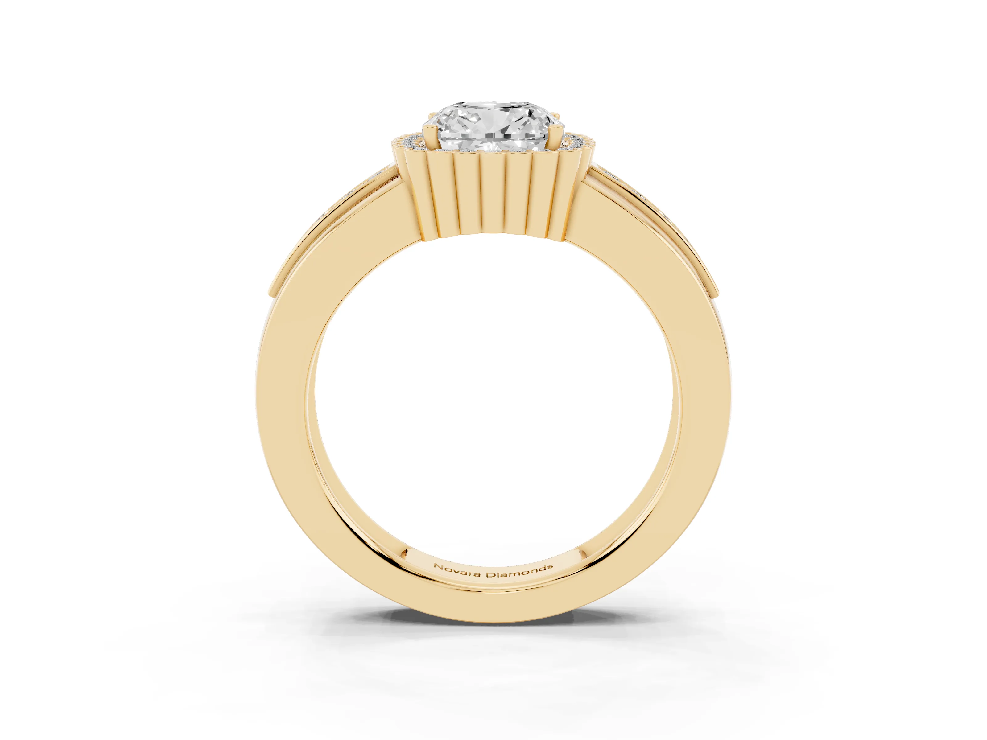 Cushion Cut Diamond Halo Prong Ring Set in Yellow gold with Pavé Band