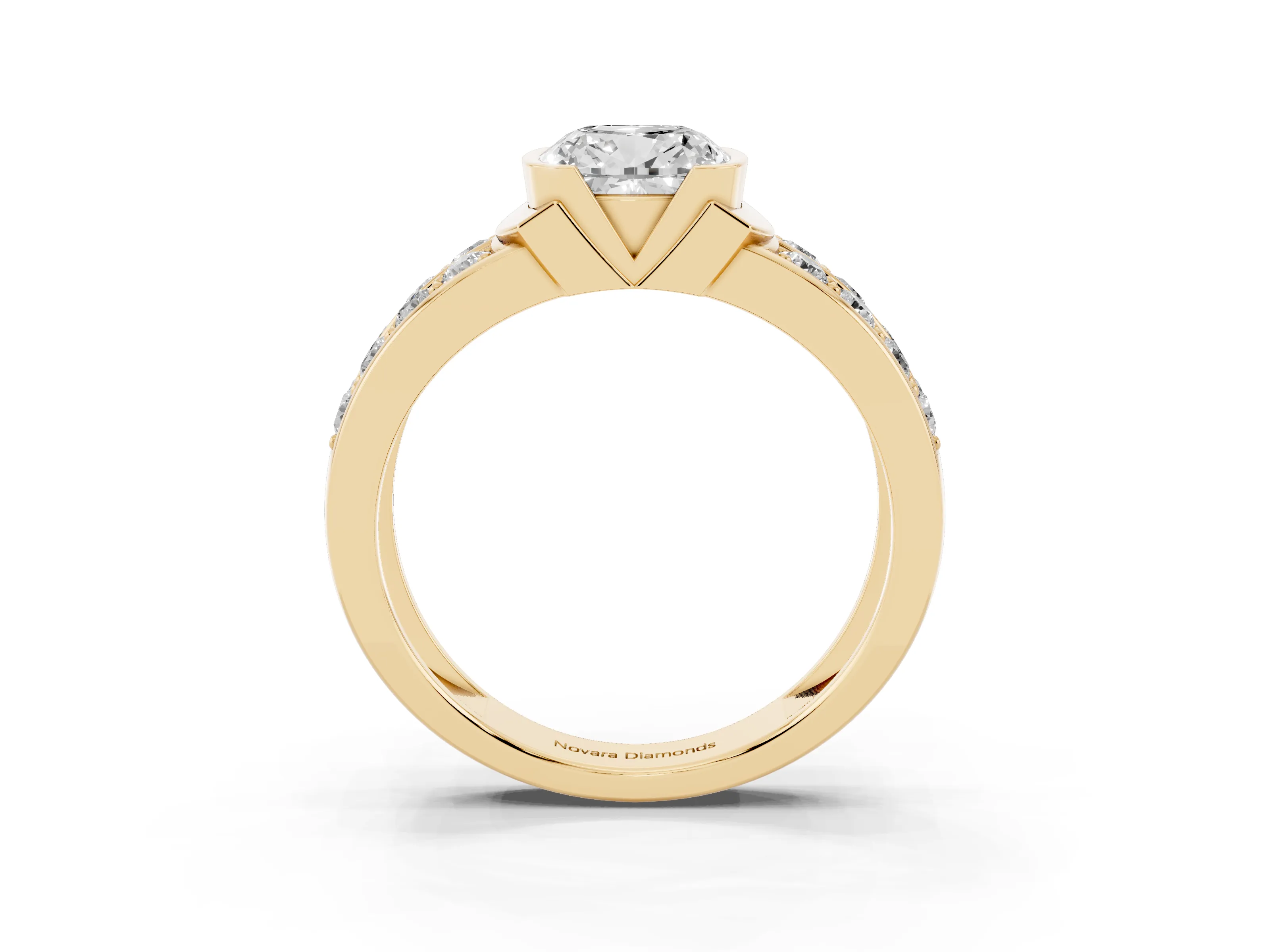 Cushion Cut Diamond Wide Channel Set Band Ring Set in Yellow gold with Bezel Setting