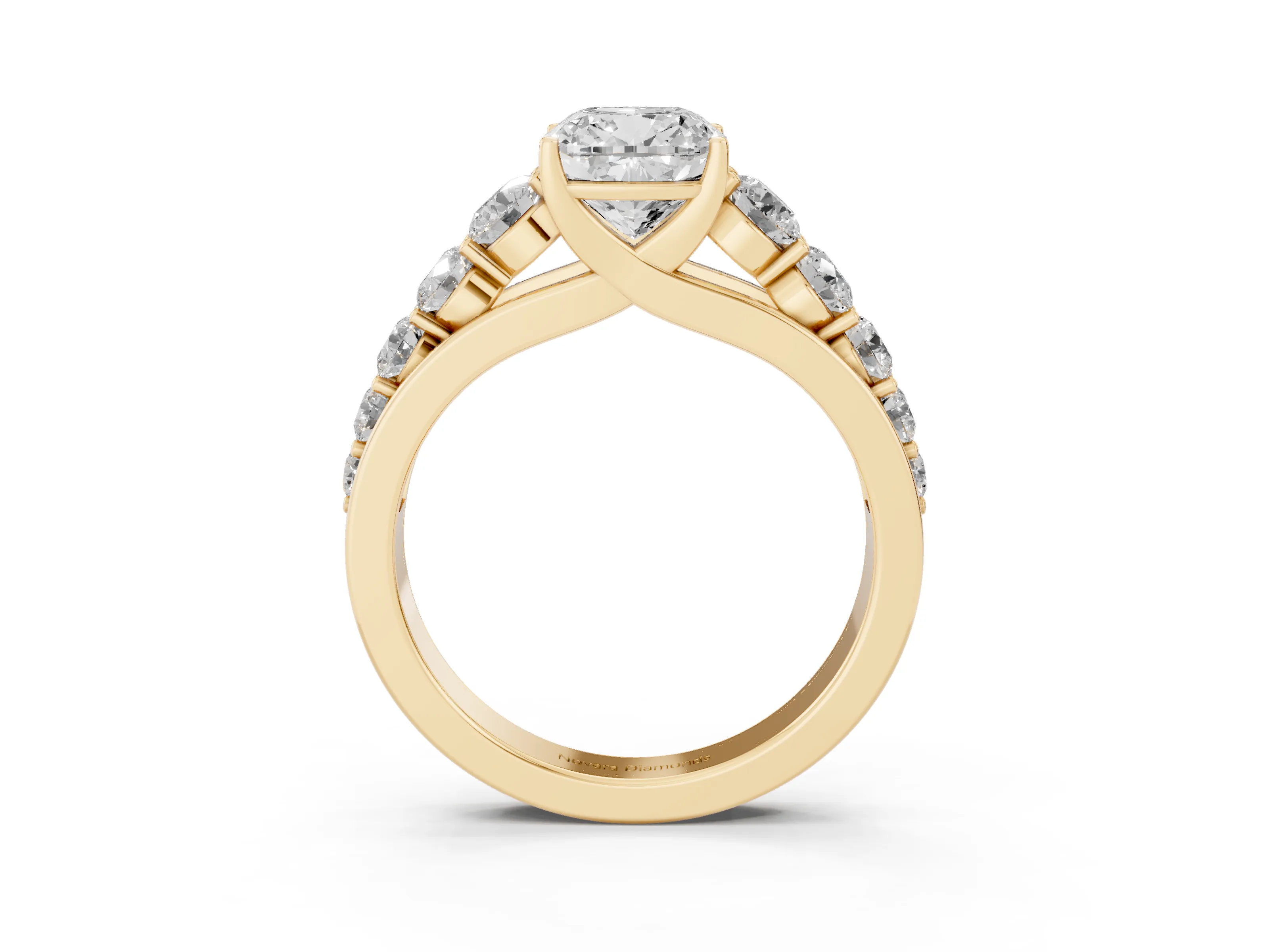 Cushion Cut Diamond Solitaire Ring Set in Yellow gold with Pavé-Set Band and Prong Setting
