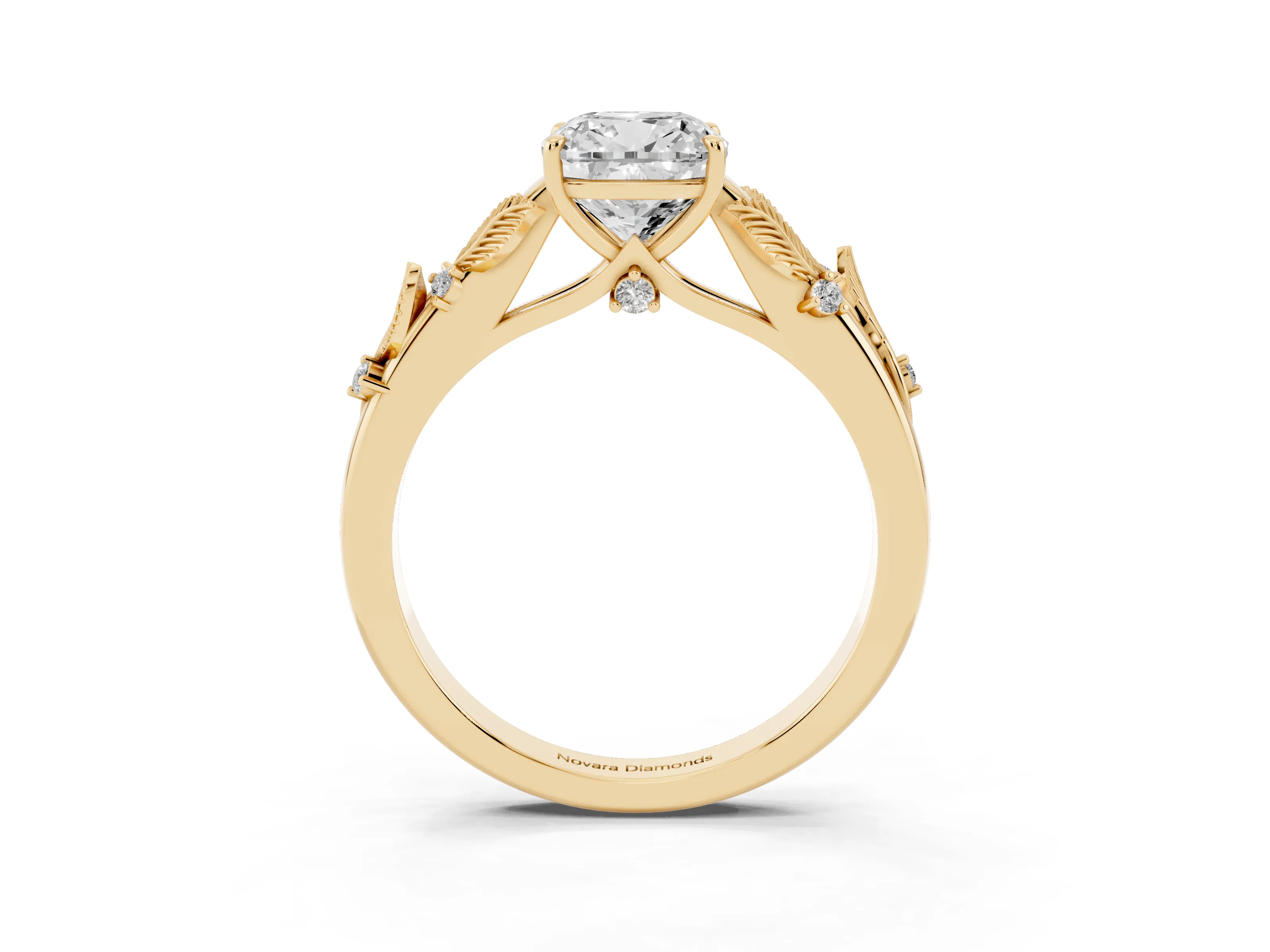 Cushion Cut Diamond Solitaire Ring Set in Yellow gold with Leaf Motif Band
