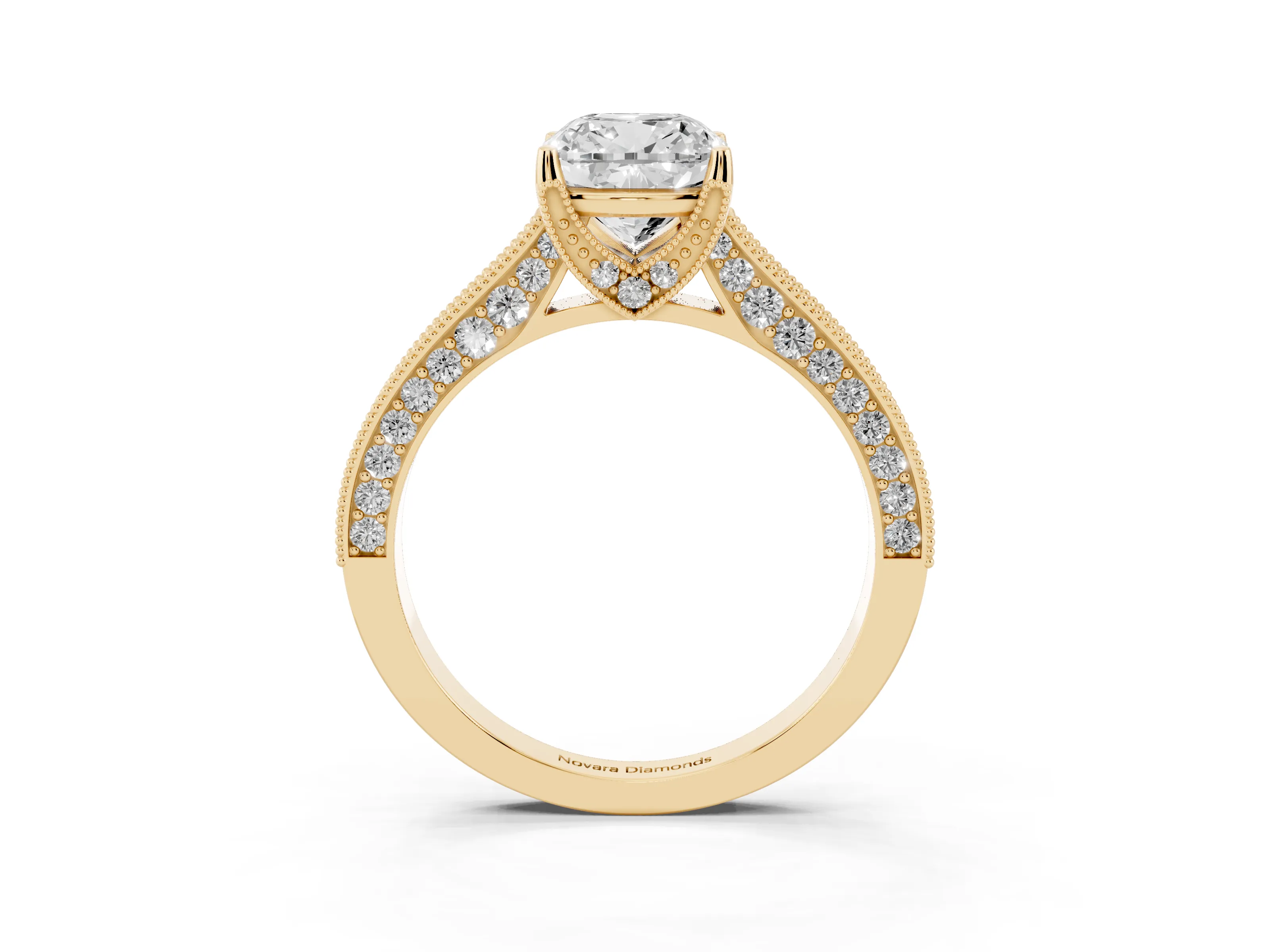 Cushion Cut Diamond Solitaire Ring Set in Yellow gold with Milgrain-Edged Pavé Band and Prong Setting