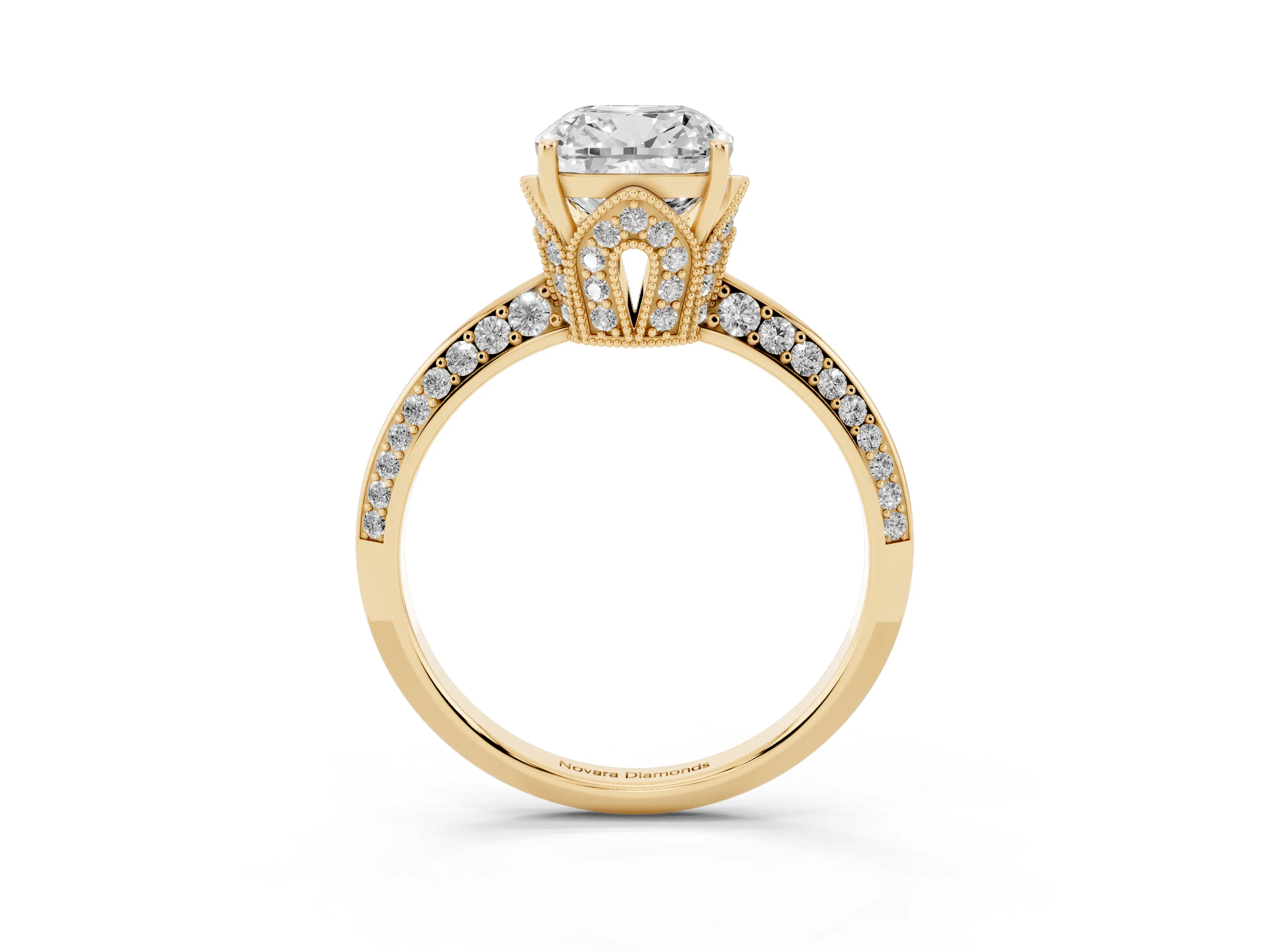 Cushion Cut Diamond Solitaire Engagement Ring Set in Yellow gold with Pavé Split Shank and Prong Setting