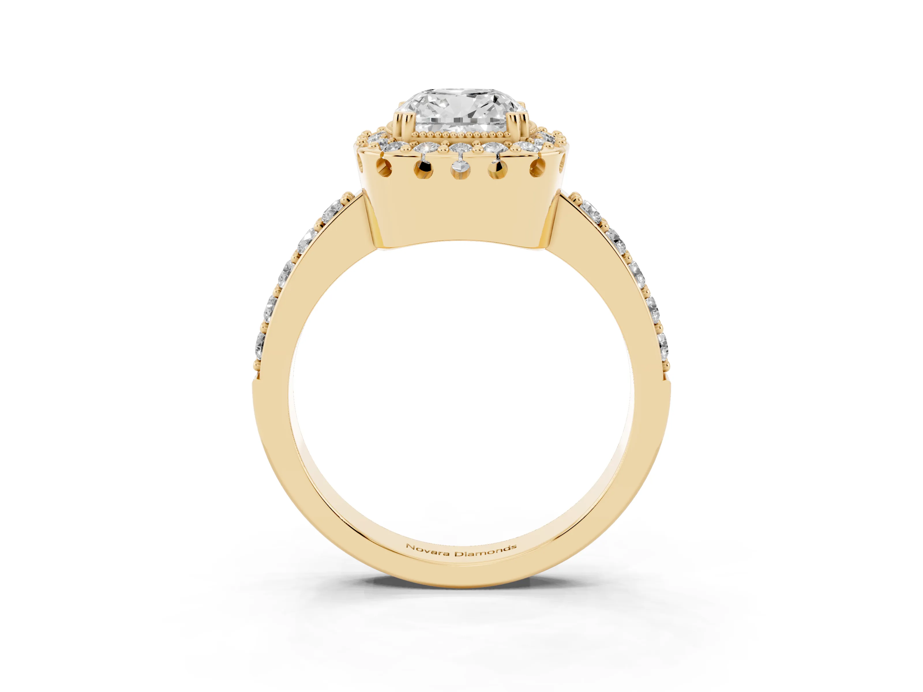 Cushion Cut Diamond Halo Ring Set in Yellow gold with Pavé Shank and Prong Setting