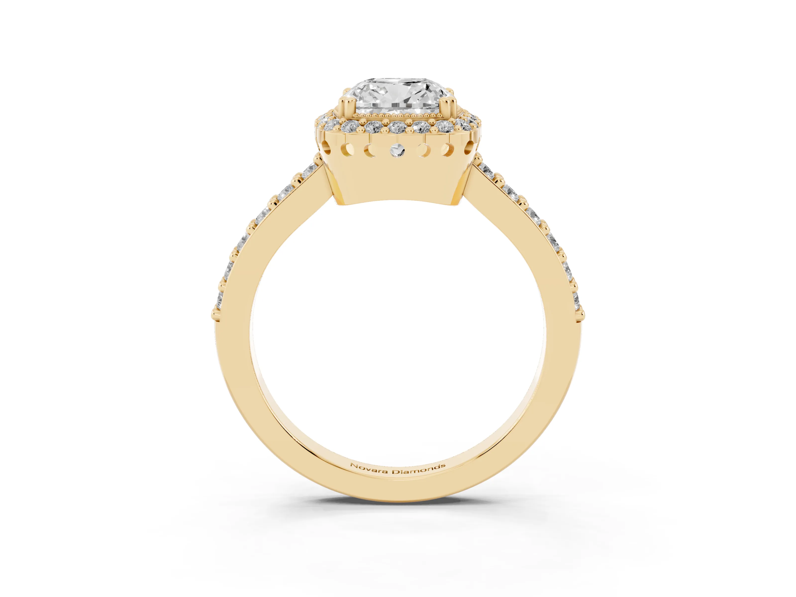 Cushion Cut Diamond Halo Engagement Ring Set in Yellow gold with Milgrain Detail and Pavé Band