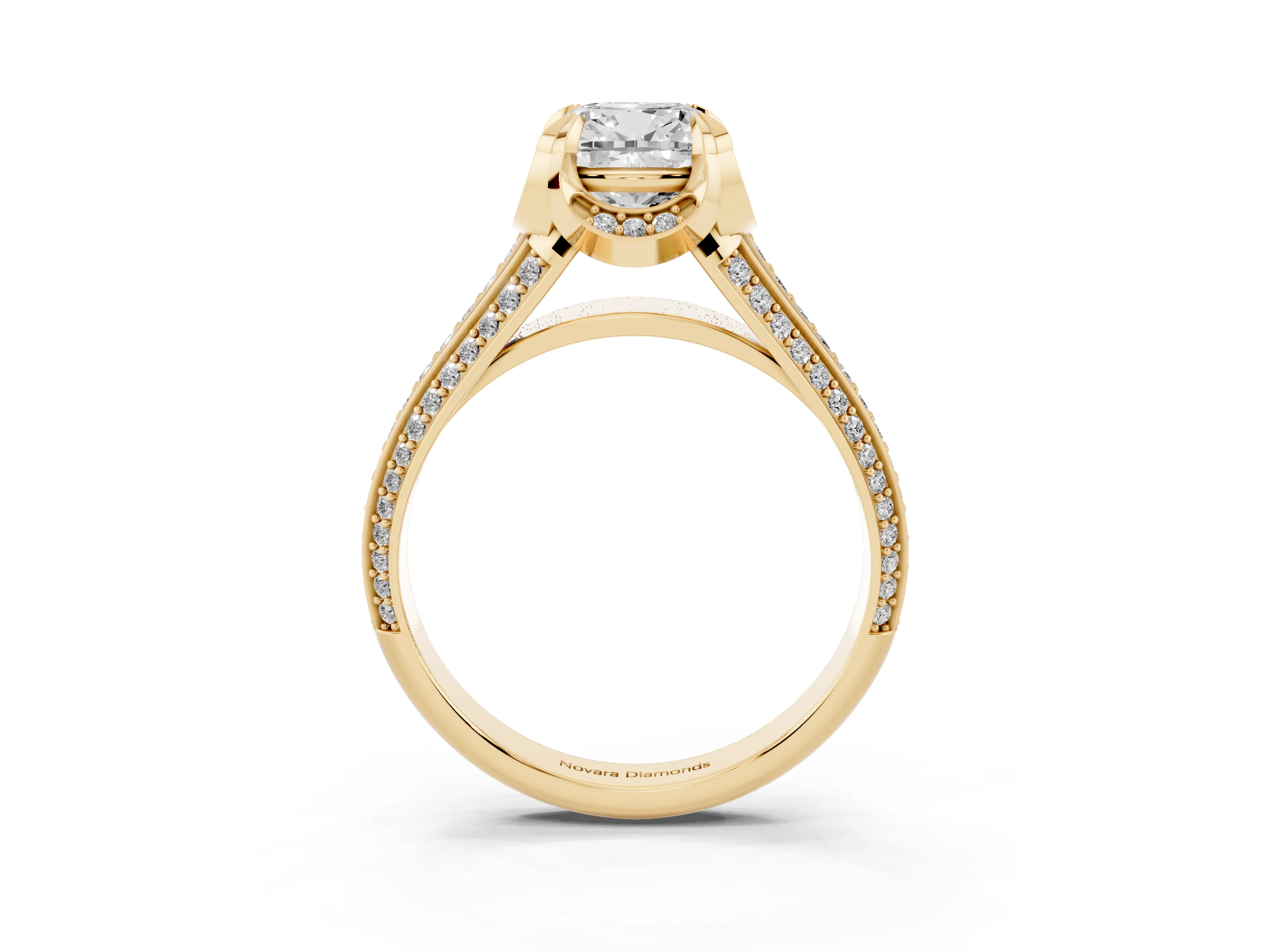 Cushion Cut Diamond Pavé Split Shank Solitaire Ring Set in Yellow gold with Prong Setting
