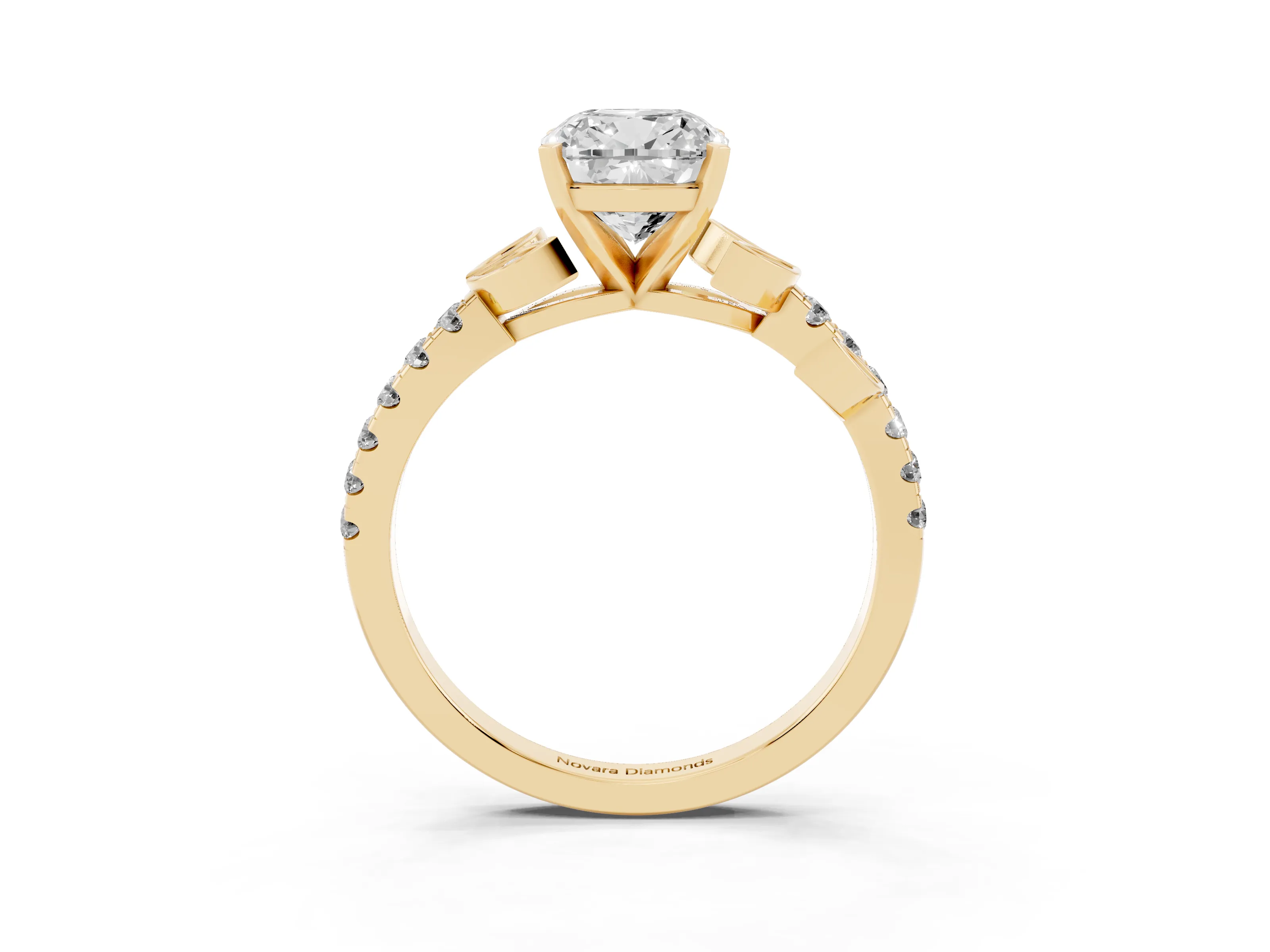 Cushion Cut Diamond Solitaire Leaf-Inspired Ring Set in Yellow gold with Pavé Band and Prong Setting