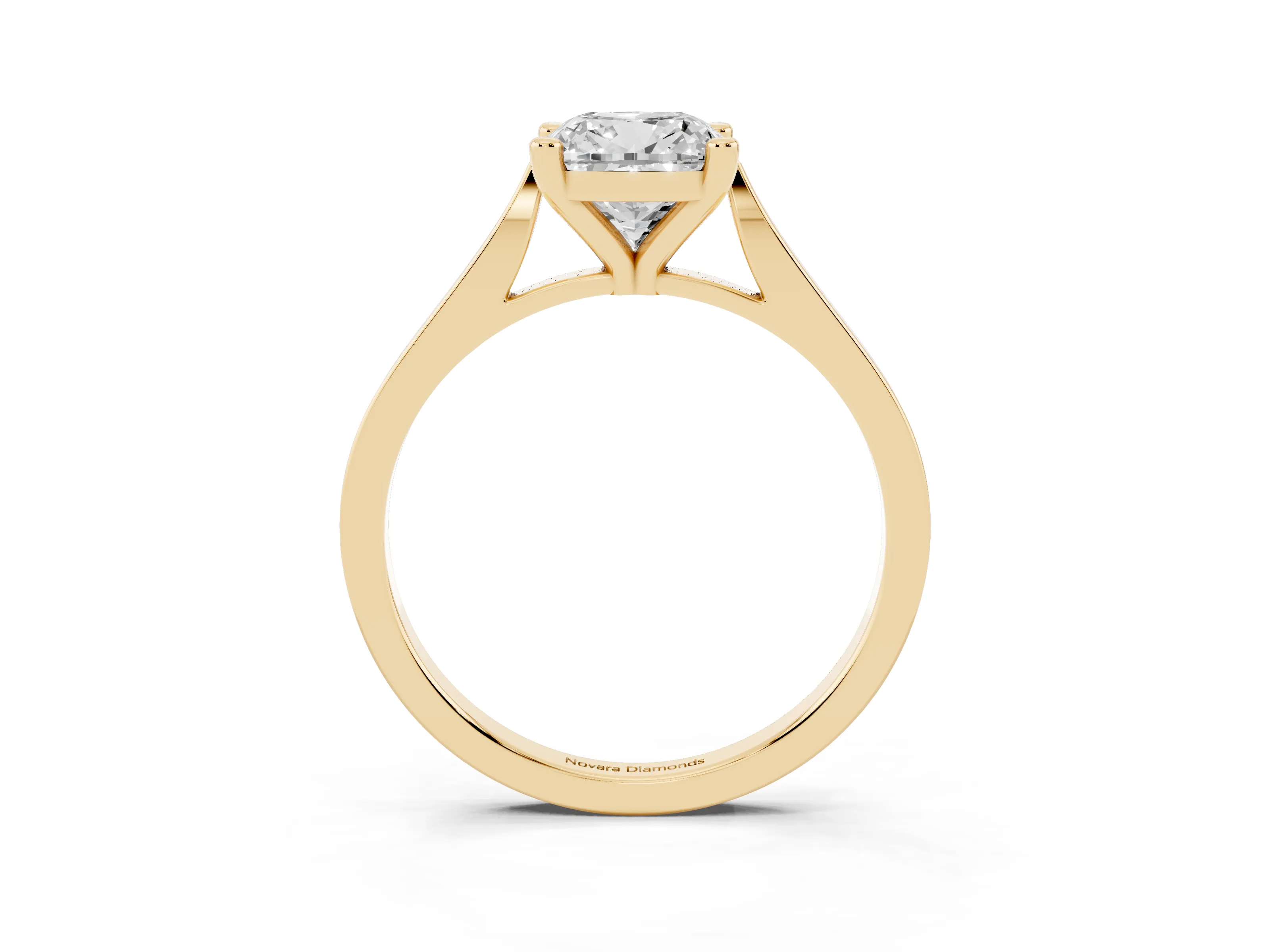 Cushion Cut Diamond Solitaire Ring Set in Yellow gold with Prong Setting and Tapered Band