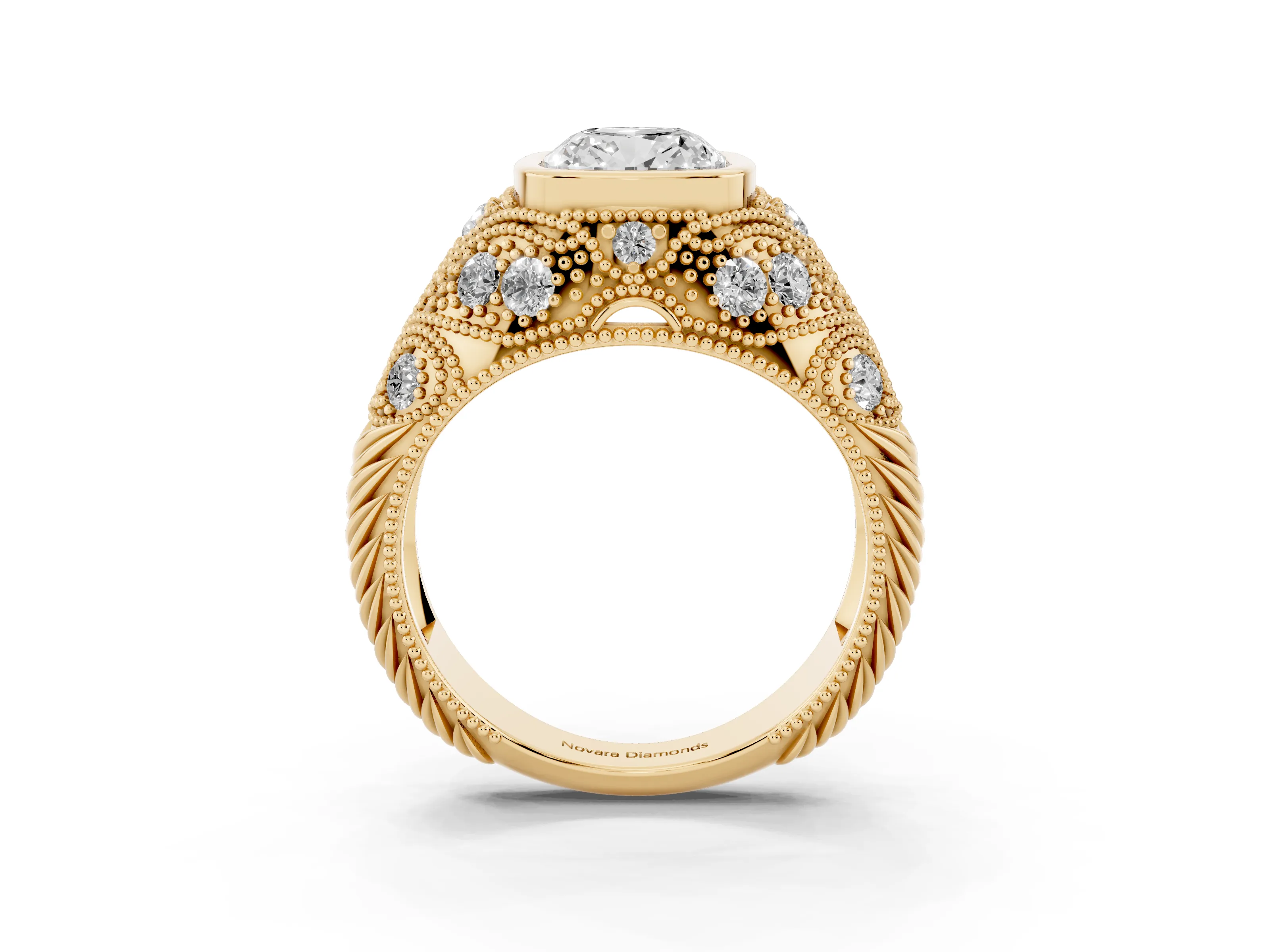 Cushion Cut Diamond Bezel Ring Set in Yellow gold with Milgrain Accent Band