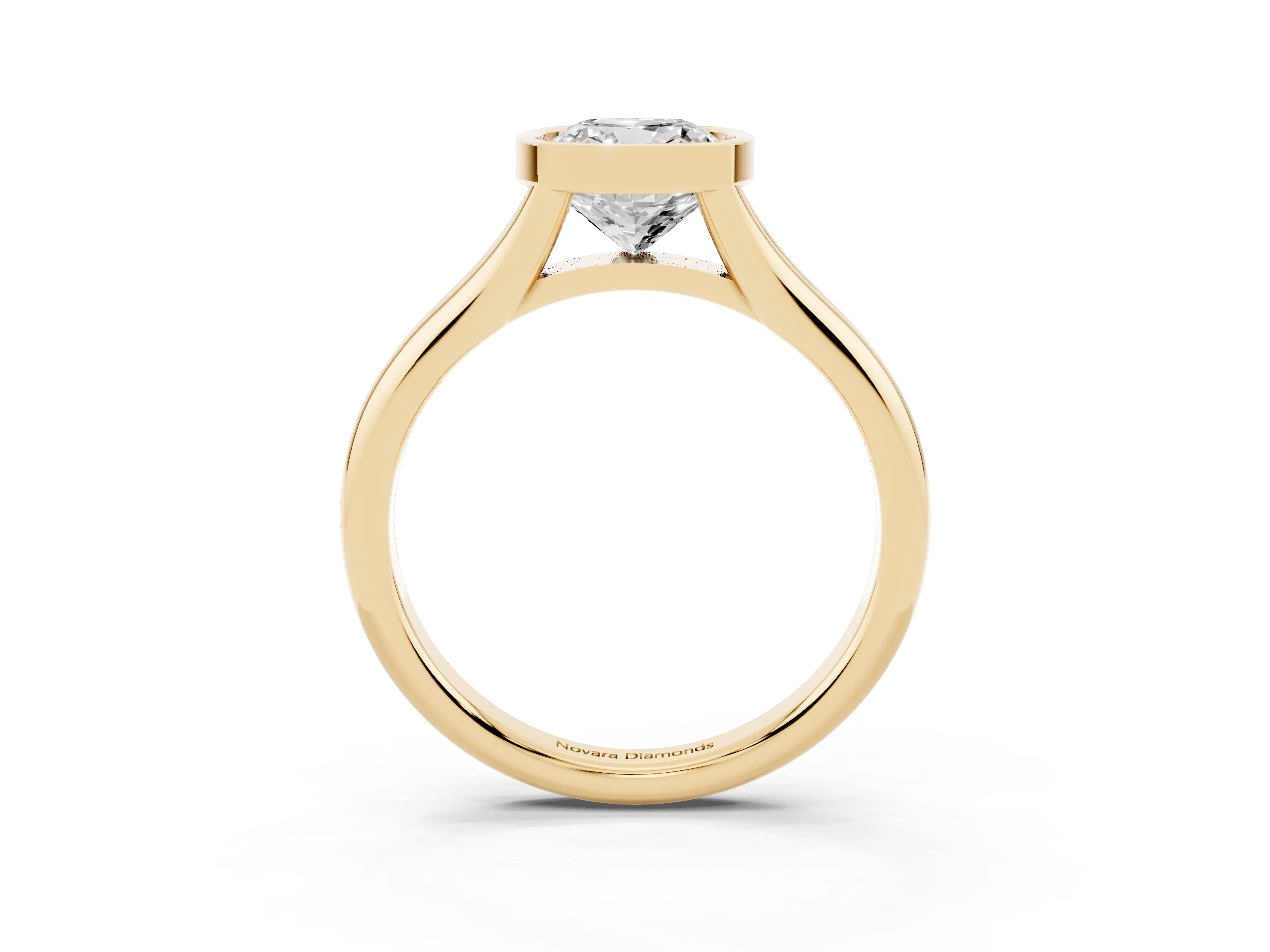 Bezel Set Cushion Cut Diamond Solitaire Ring Set in Yellow gold with Smooth Band