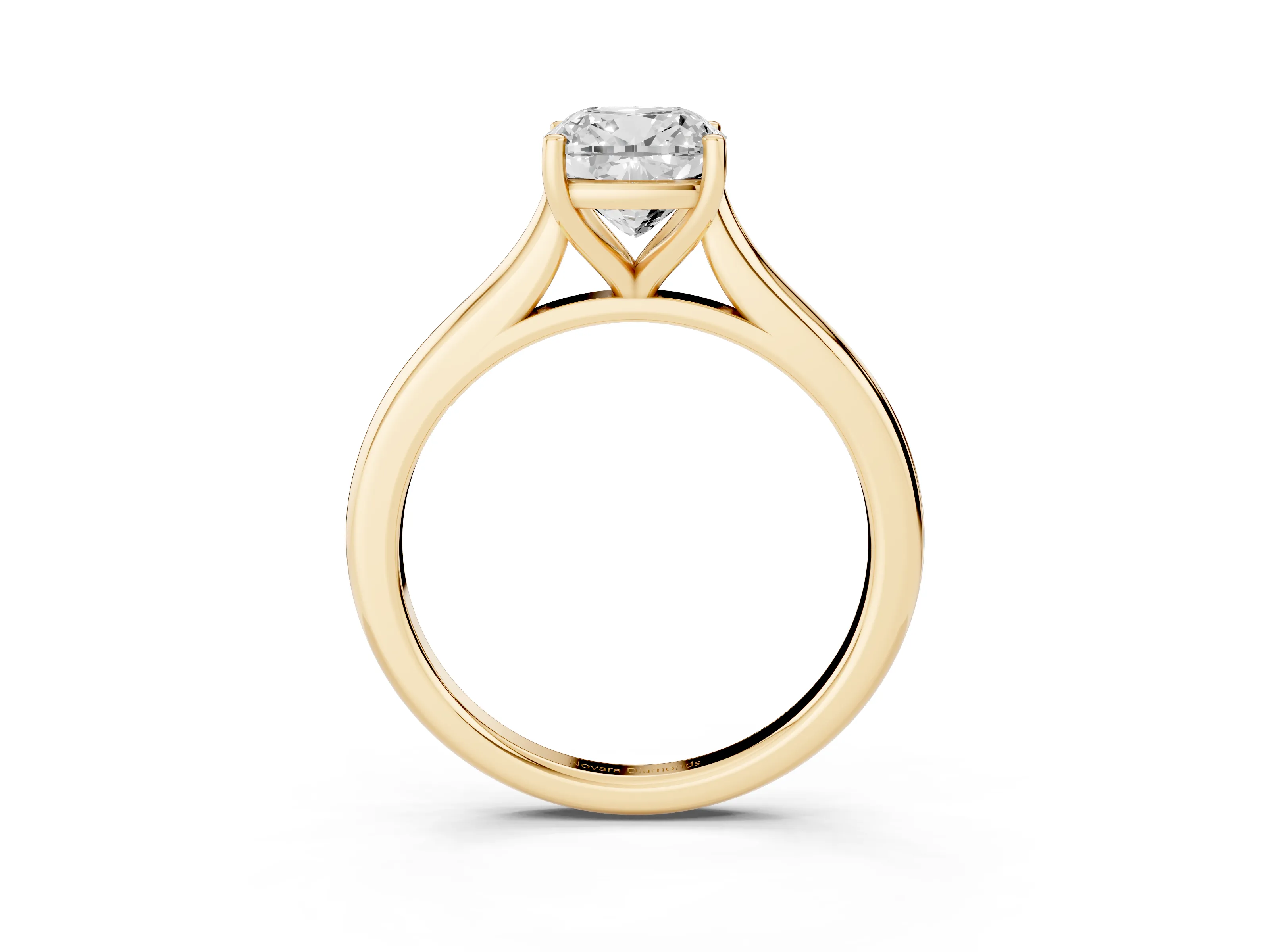 Cushion Cut Diamond Solitaire Ring Set in Yellow gold with Cathedral Band and Prong Setting