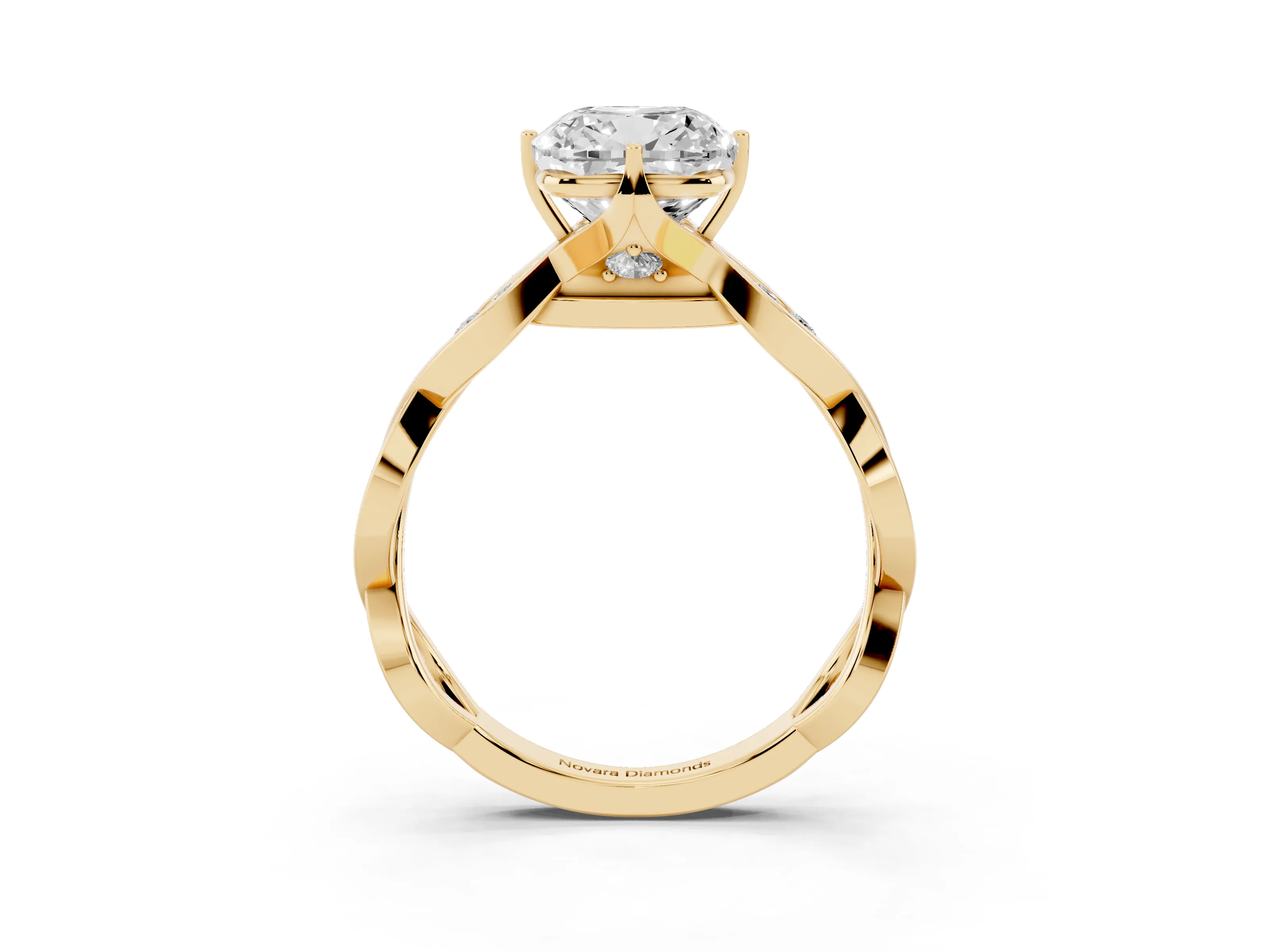 Cushion Cut Diamond Twist Band Solitaire Ring Set in Yellow gold with Leaf Prong Setting and Accent Stones