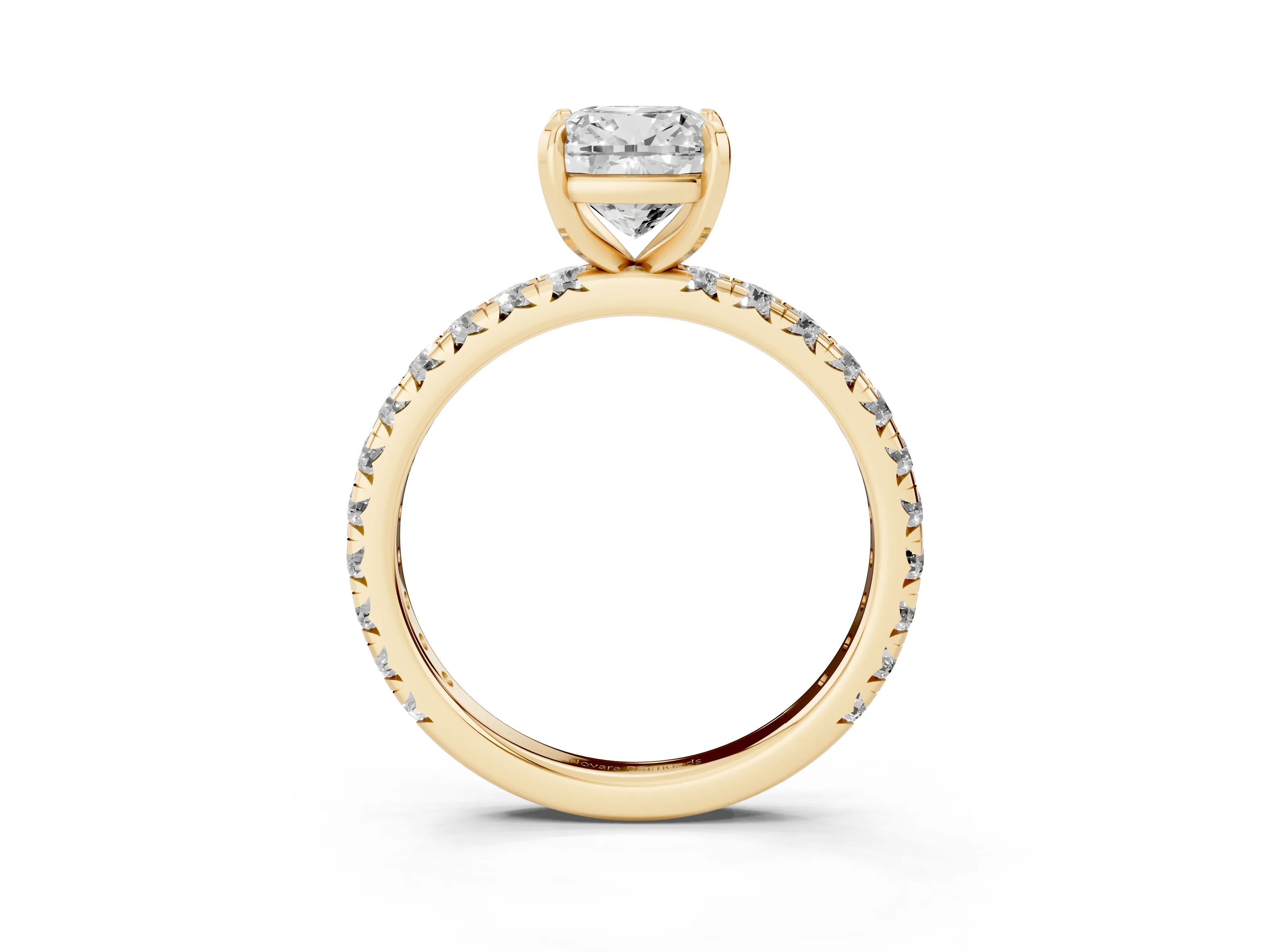 Cushion Cut Diamond Pavé Solitaire Ring Set in Yellow gold with Round Band and Prong Setting