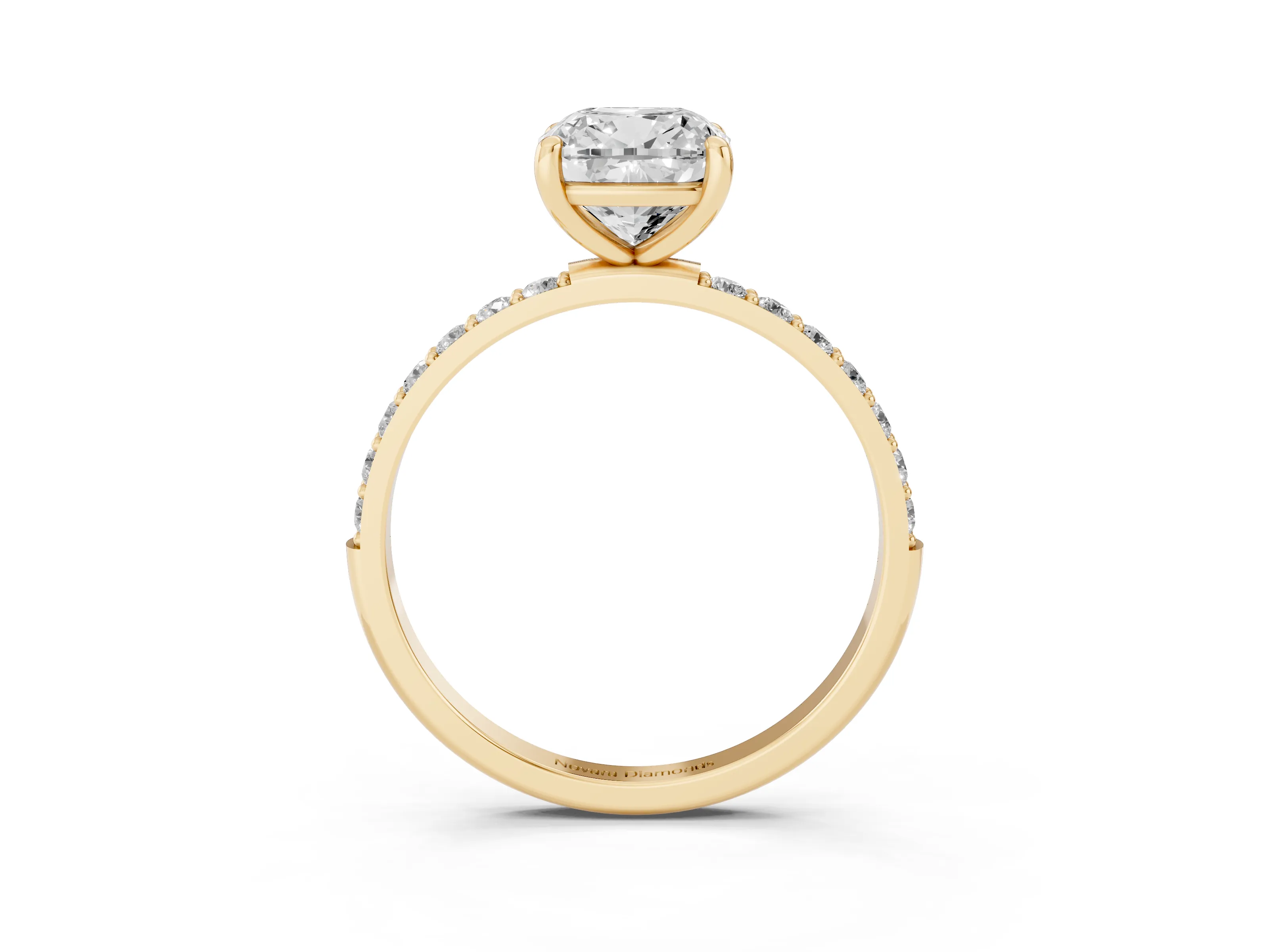 Cushion Cut Diamond Solitaire Ring Set in Yellow gold with Round Pavé Band and Prong Setting