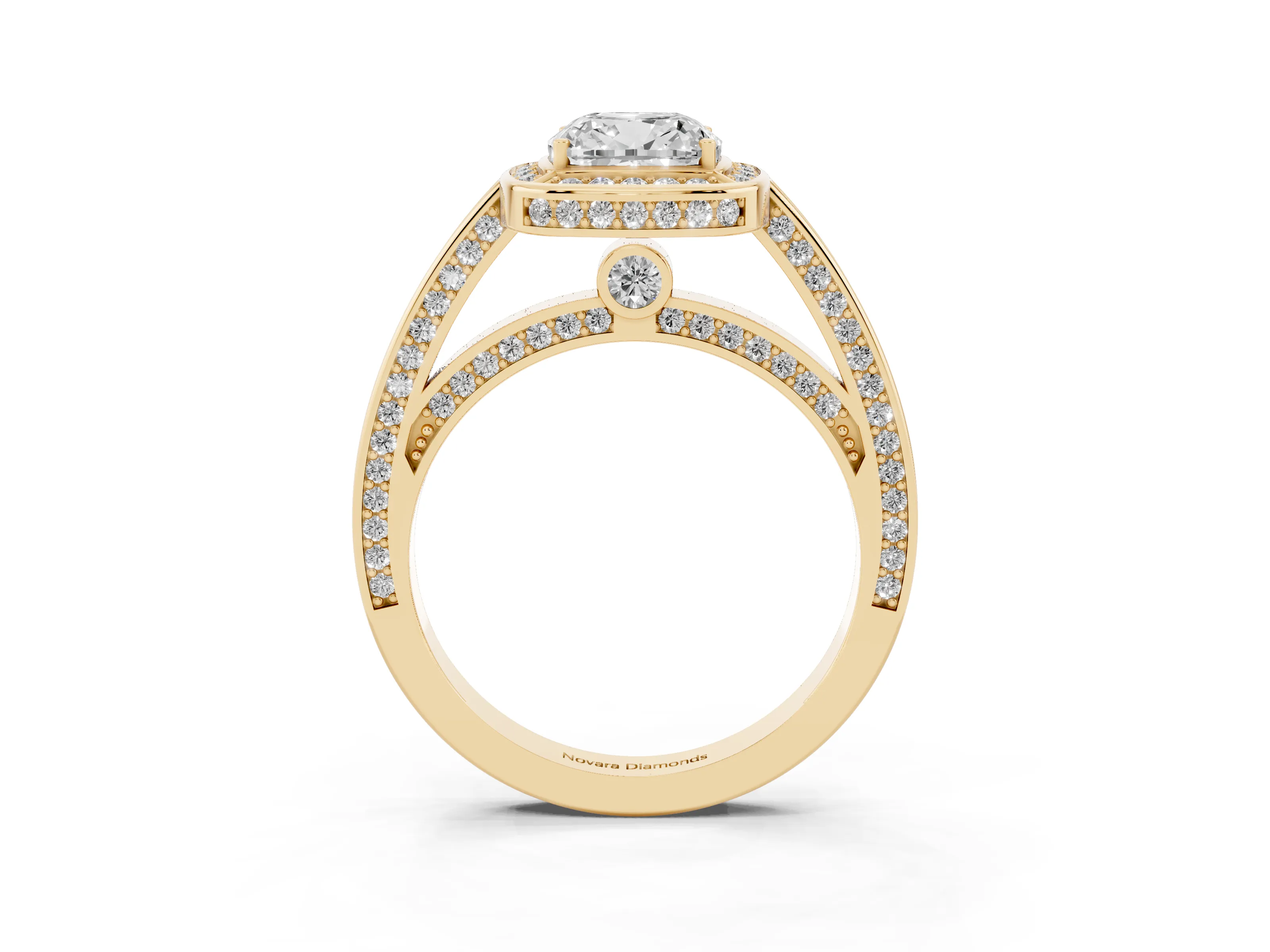 Cushion Cut Diamond Halo Pavé Split Shank Ring Set in Yellow gold with Prong Setting