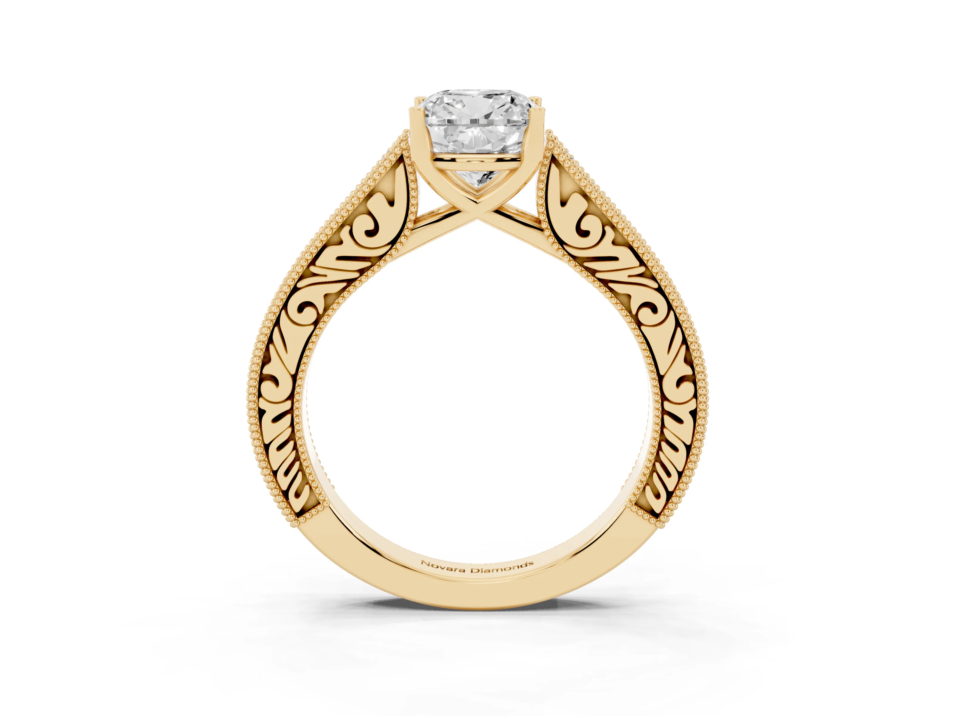 Cushion Cut Diamond Milgrain Pavé Band Solitaire Ring Set in Yellow gold with Prong Setting