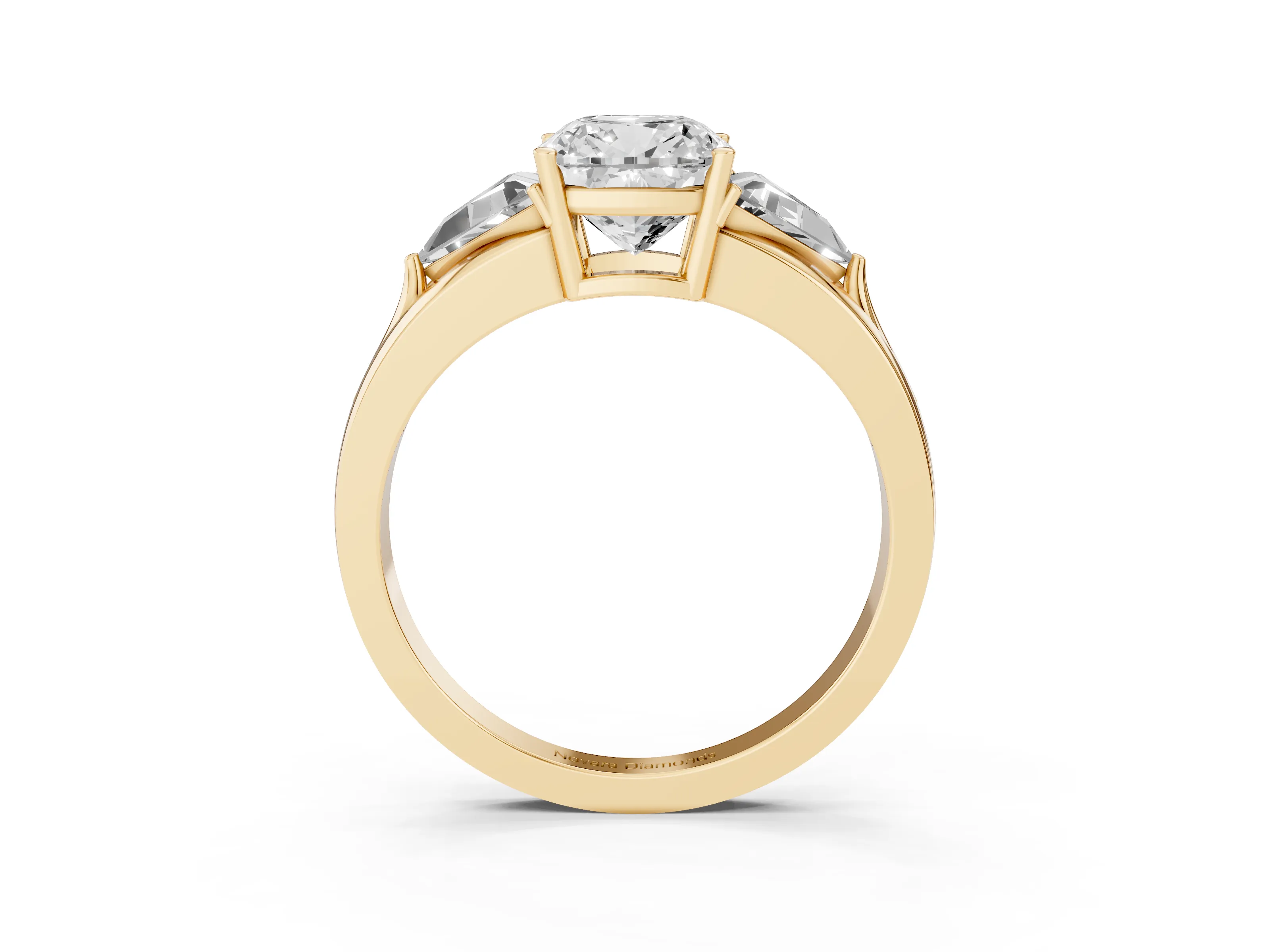 Cushion Cut Diamond Three-Stone Ring Set in Yellow gold with Trillion Side Stones and Split Shank