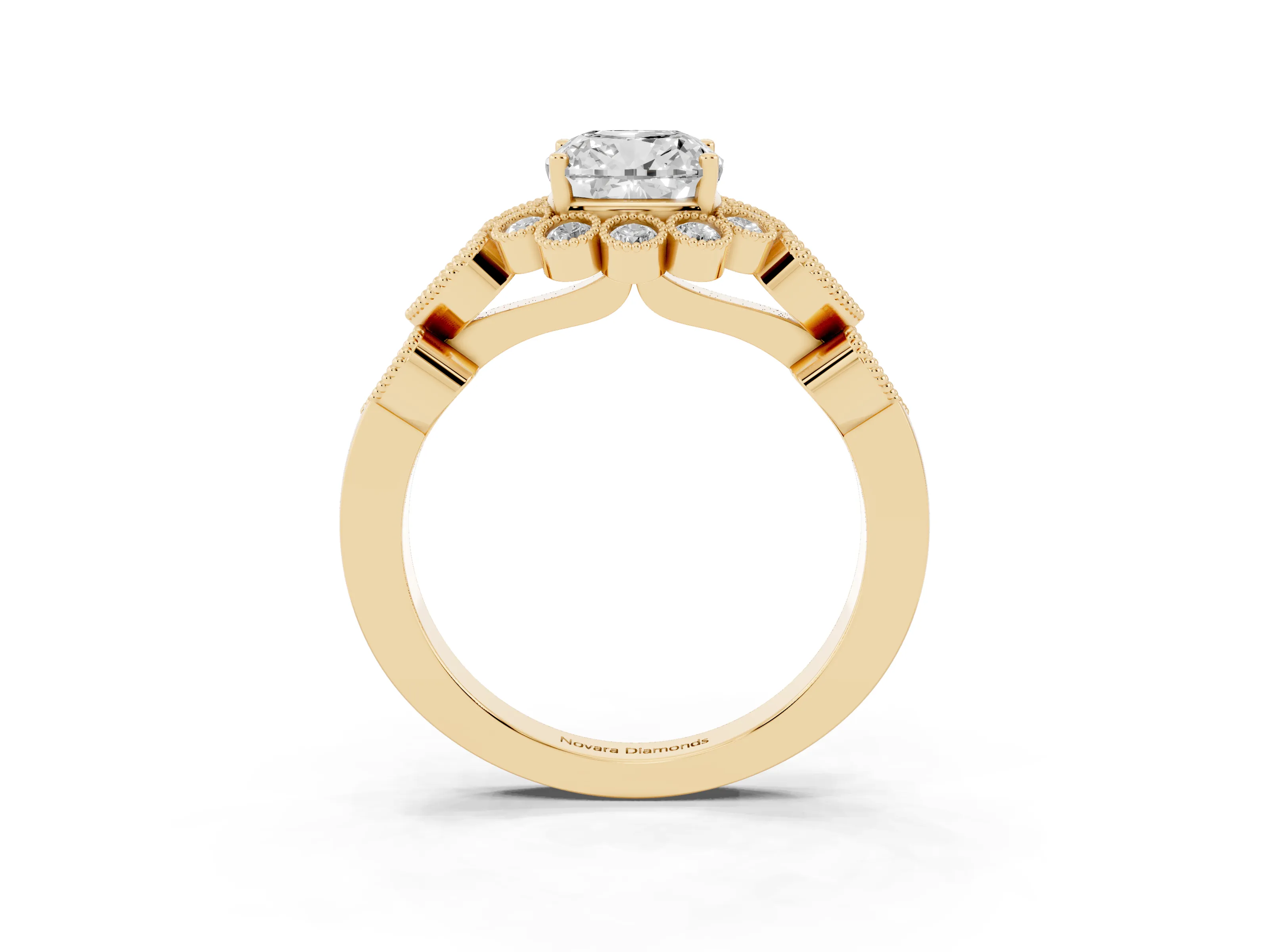 Cushion Cut Diamond Solitaire Ring Set in Yellow gold with Milgrain Pavé Heart Band