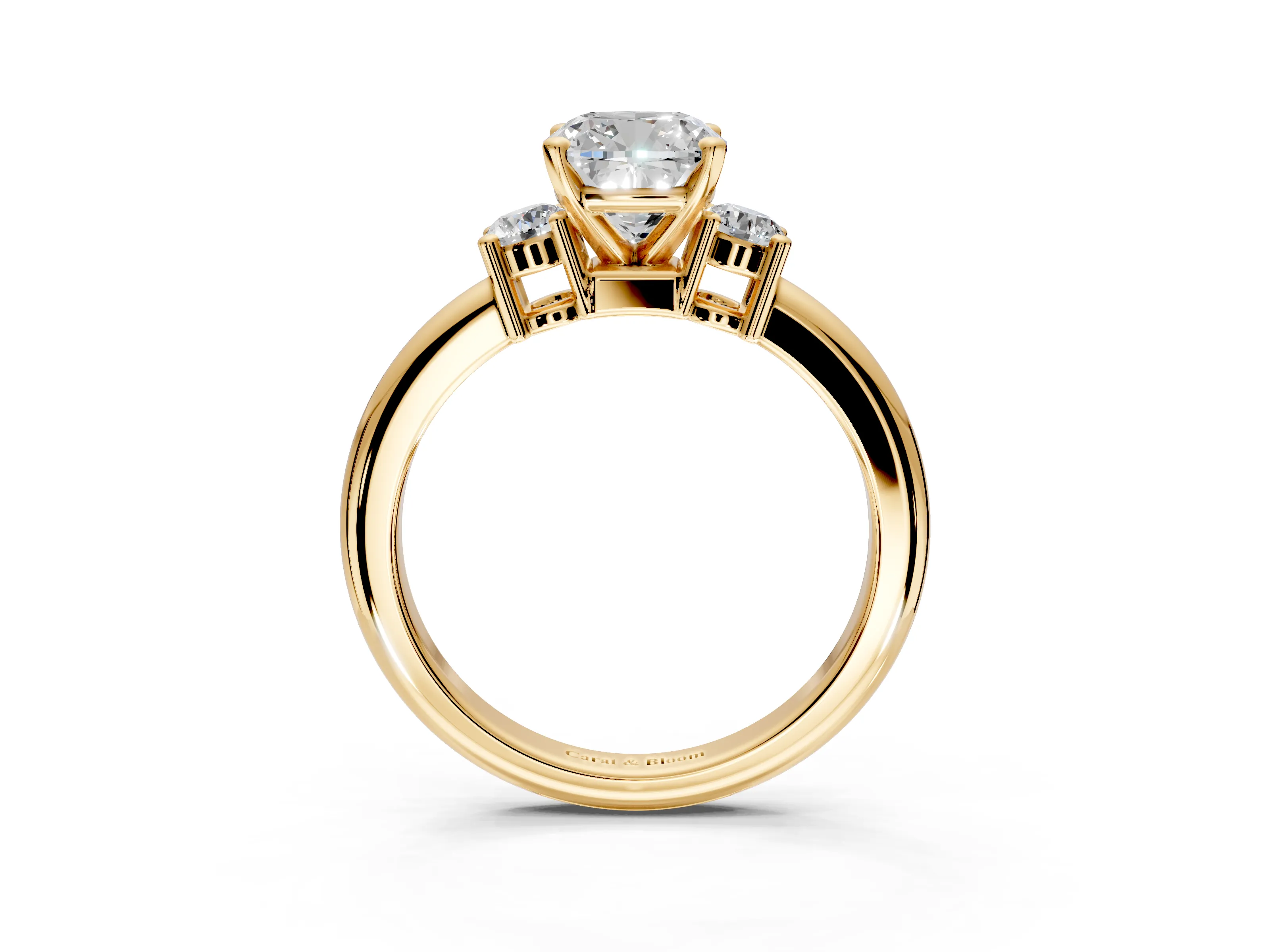 3 Stone Engagement Ring Setting for Cushion Cut Center with Wide Plain Band and Prong Head in Yellow Gold