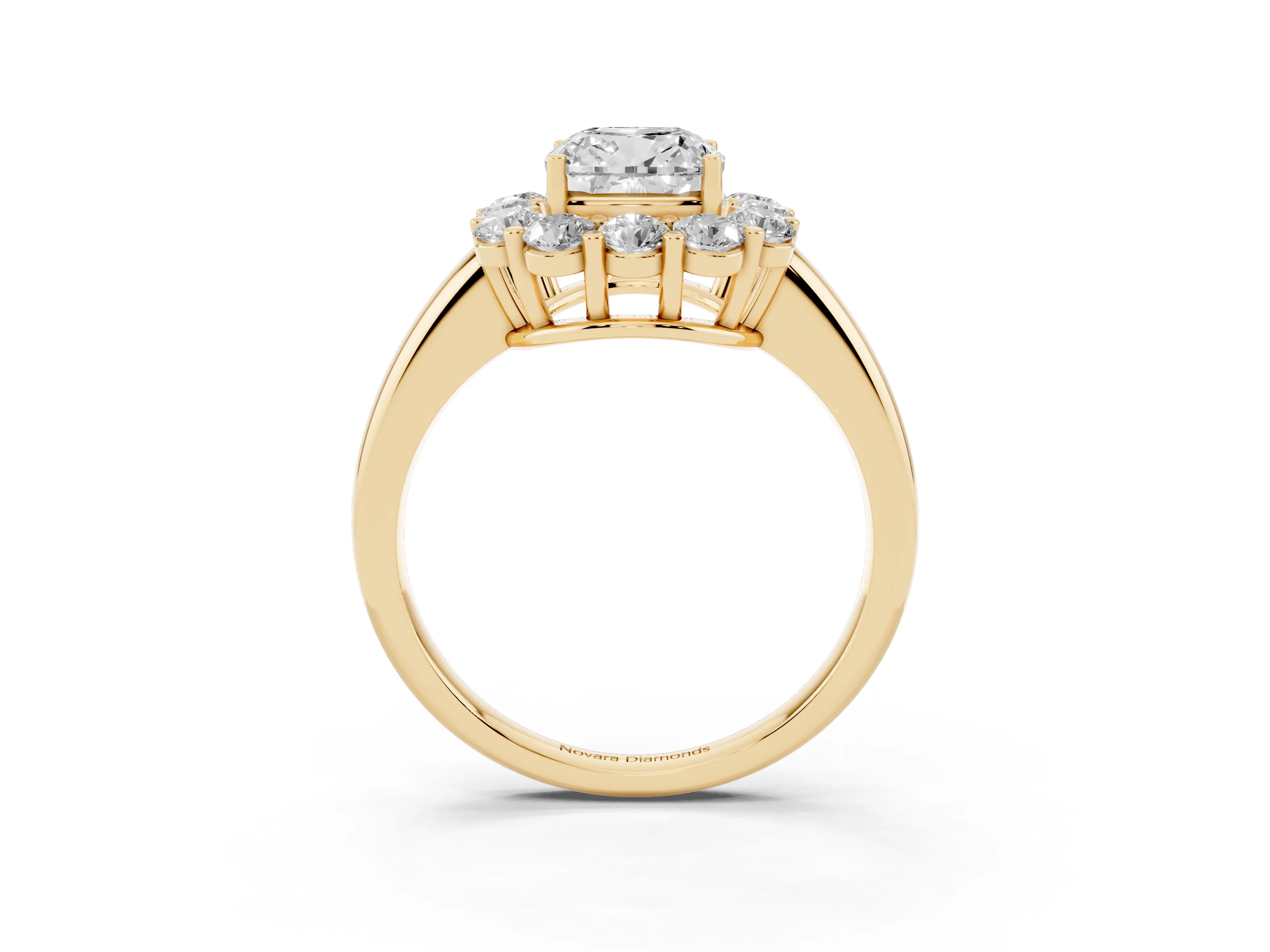 Cushion Cut Diamond Halo Cluster Engagement Ring Set in Yellow gold with Polished Band and Prong Setting