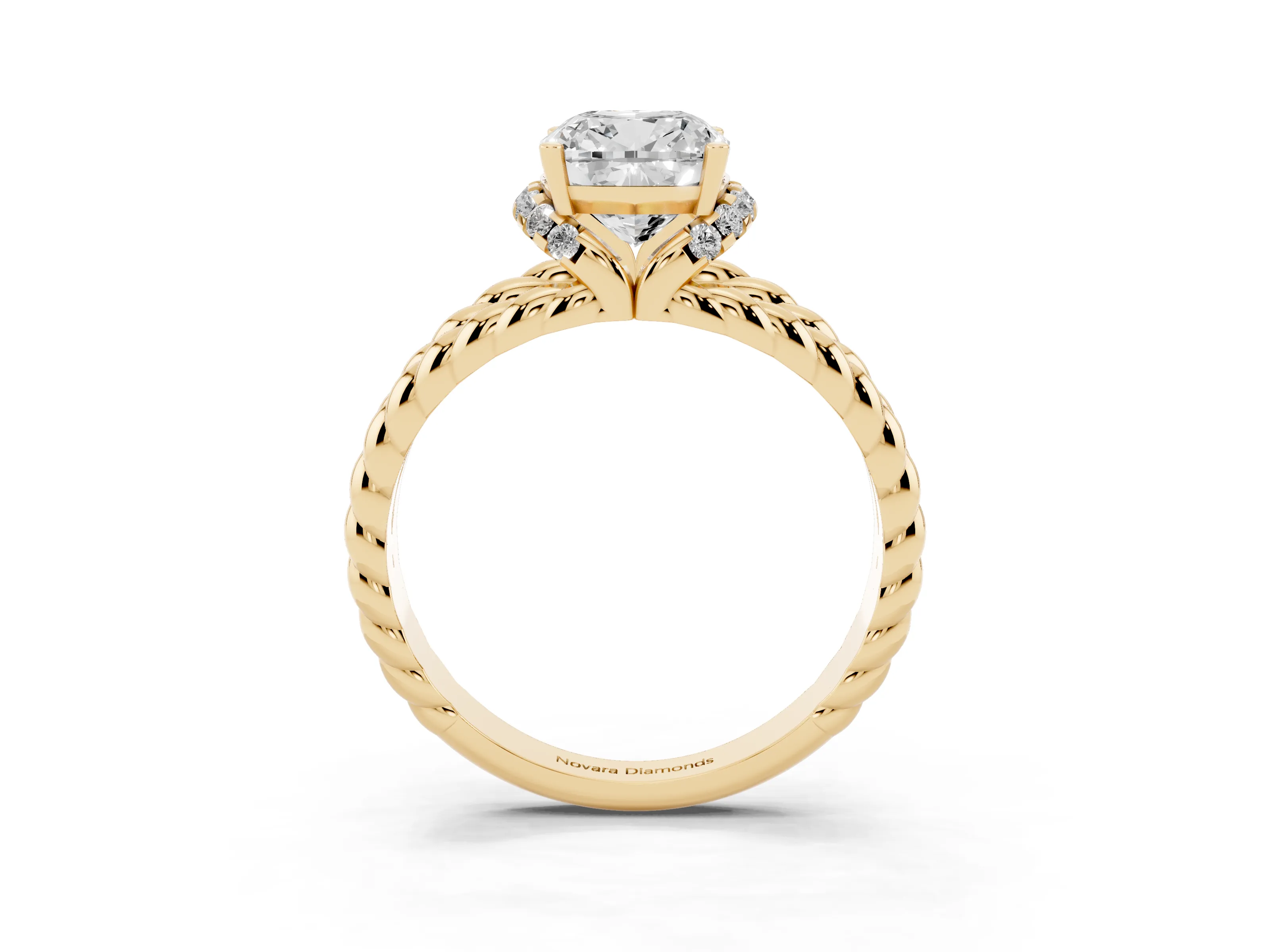 Cushion Cut Diamond Halo Ring Set in Yellow gold with Twisted Band and Prong Setting