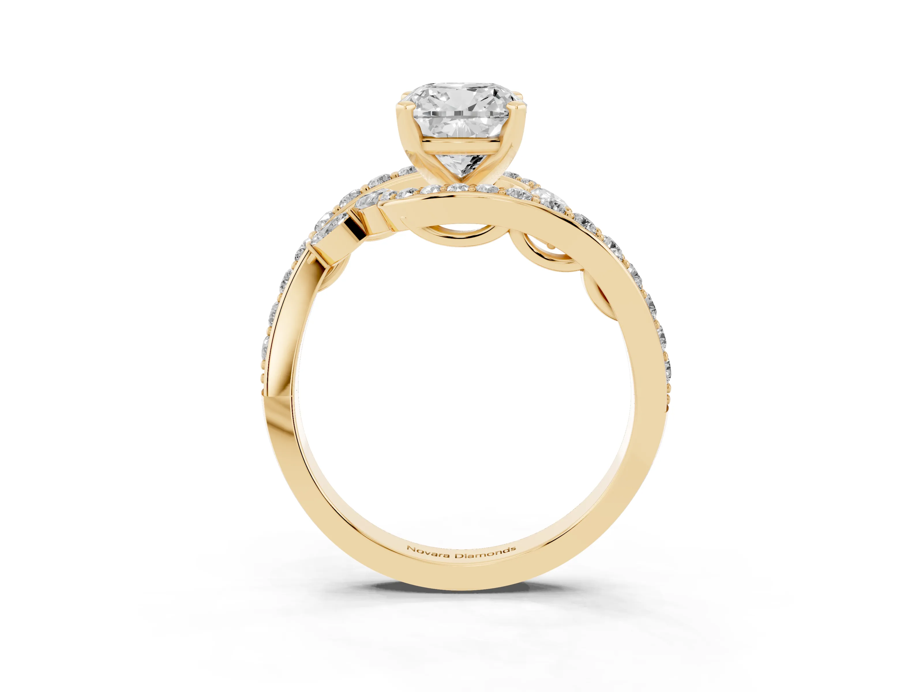 Cushion Cut Diamond Solitaire Ring Set in Yellow gold with Filigree Band and Prong Setting