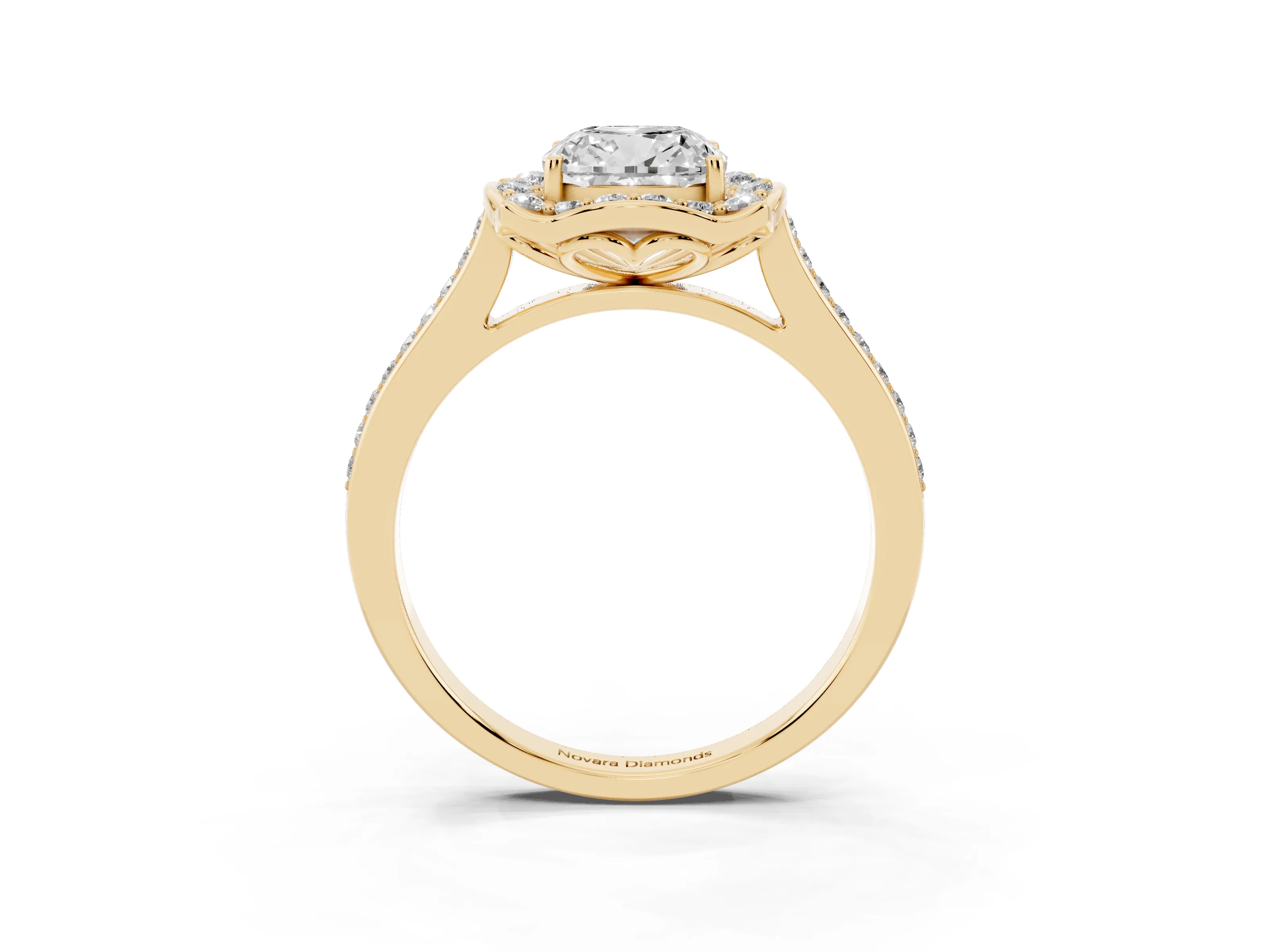 Cushion Cut Diamond Halo Ring Set in Yellow gold with Pavé-Lined Shoulders and Prong Setting