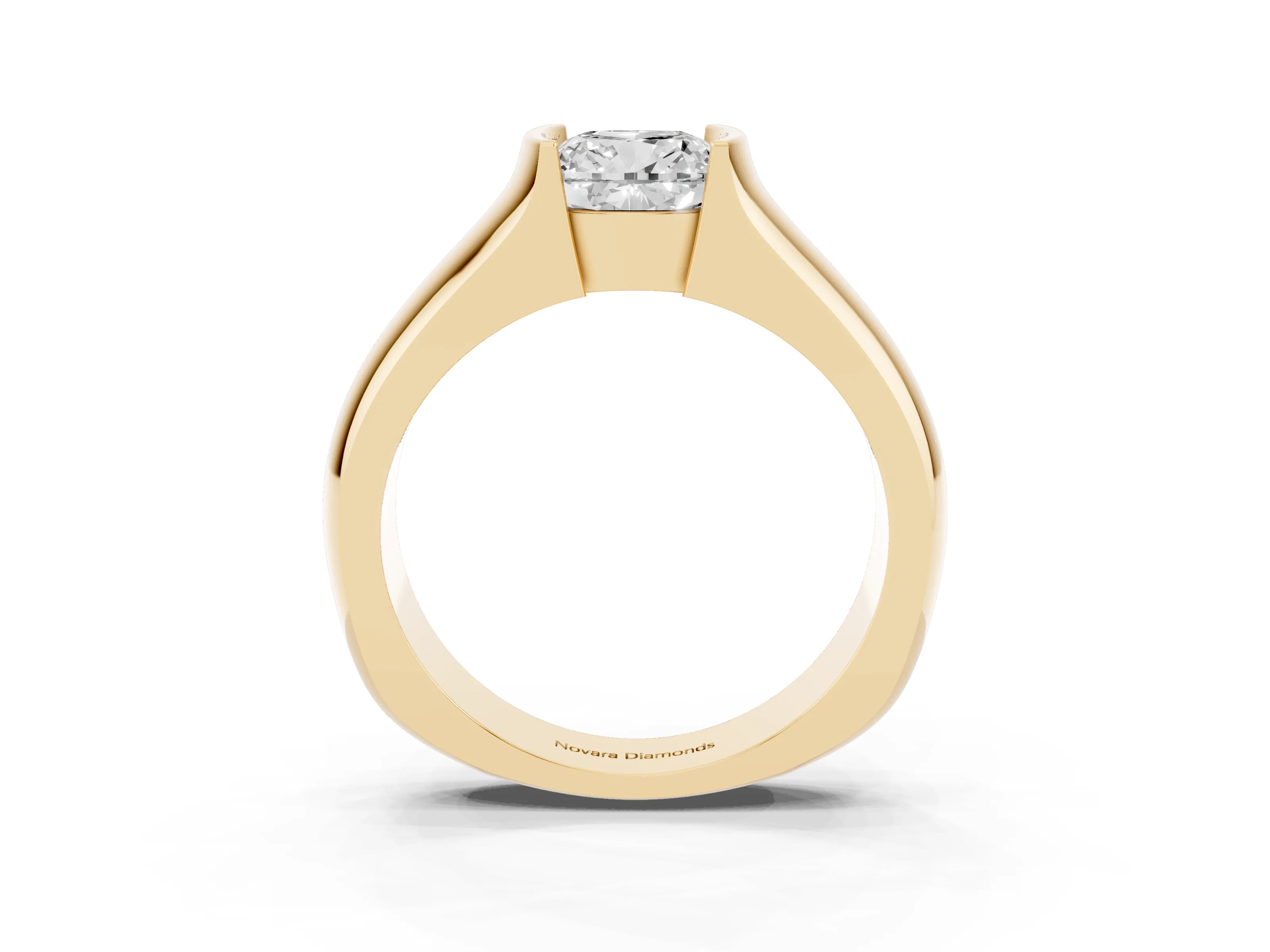 Cushion Cut Diamond Bezel Solitaire Ring Set in Yellow gold with Wide Band