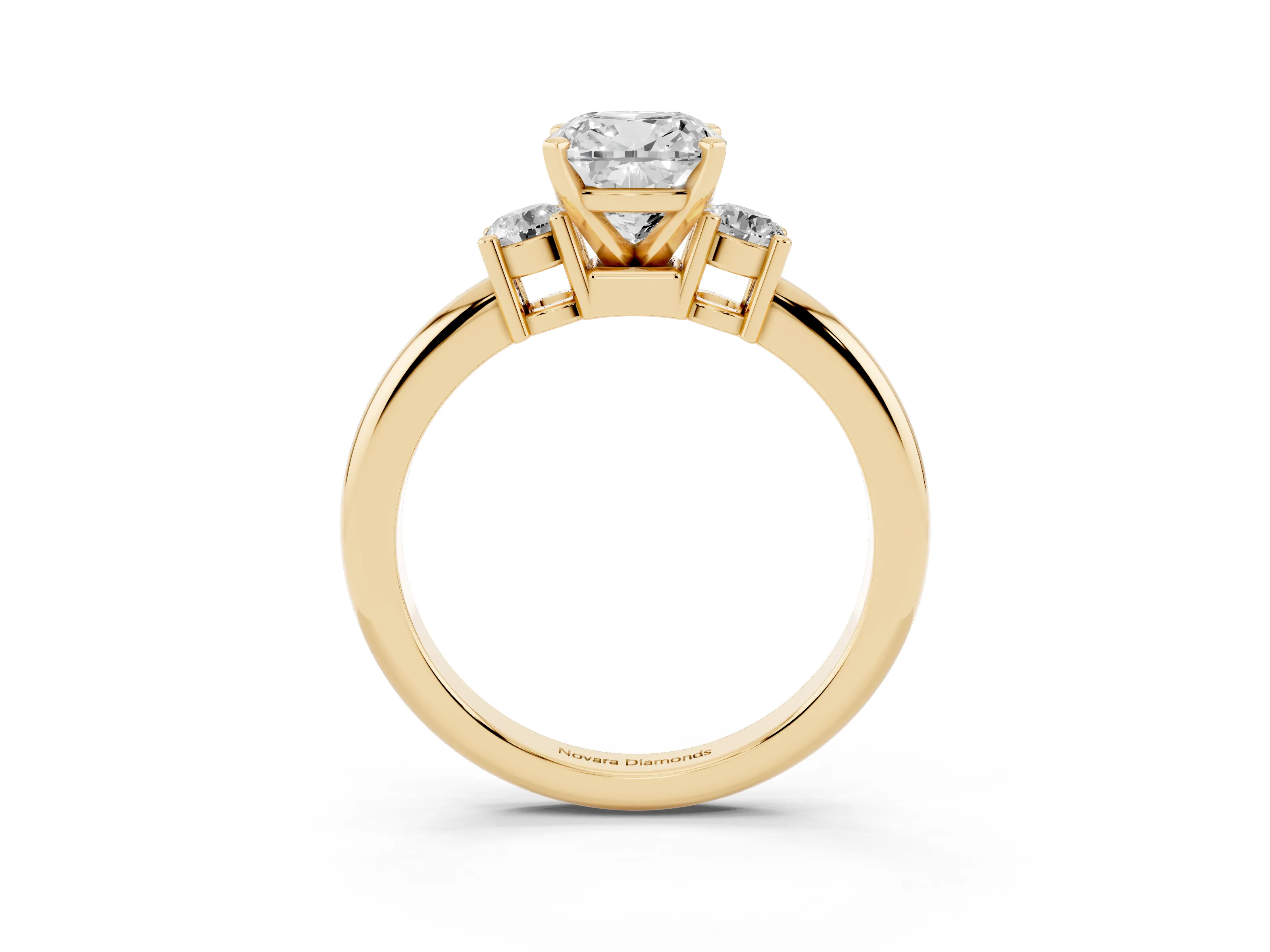 Three-Stone Cushion Cut Diamond Ring Set in Yellow gold with Prong Setting and Plain Band