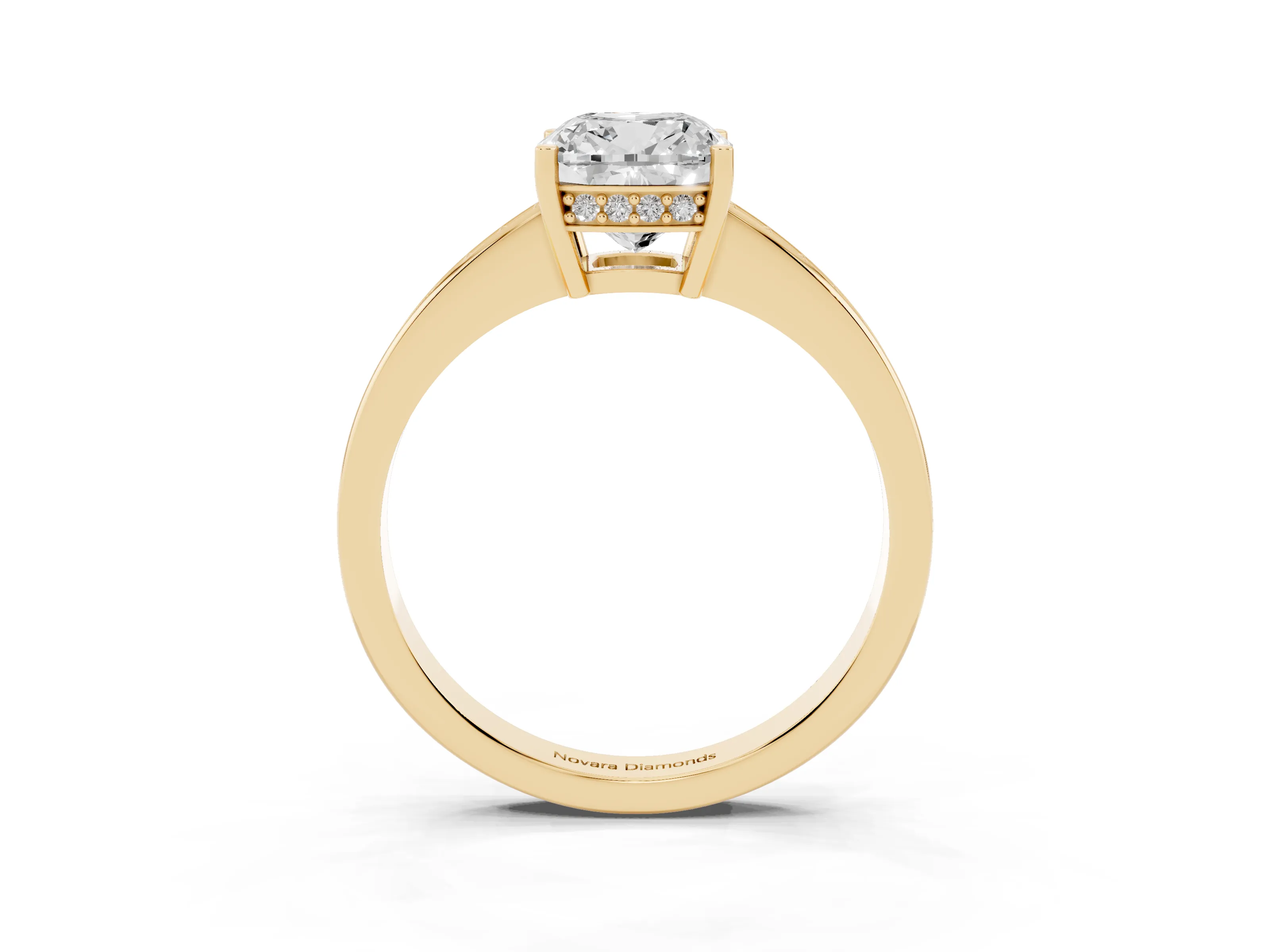 Cushion Cut Diamond Pavé Band Prong Set Solitaire Ring Set in Yellow gold