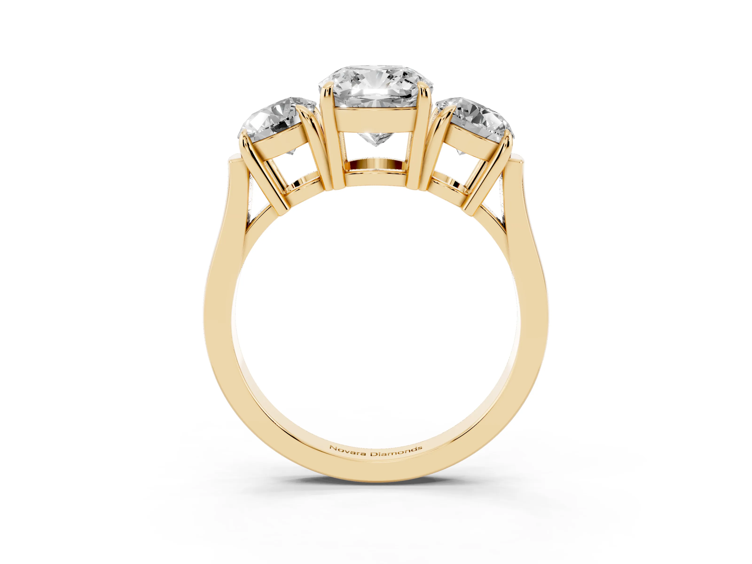 Cushion Cut Diamond Three-Stone Ring Set in Yellow gold with Round Accent Stones and Plain Band