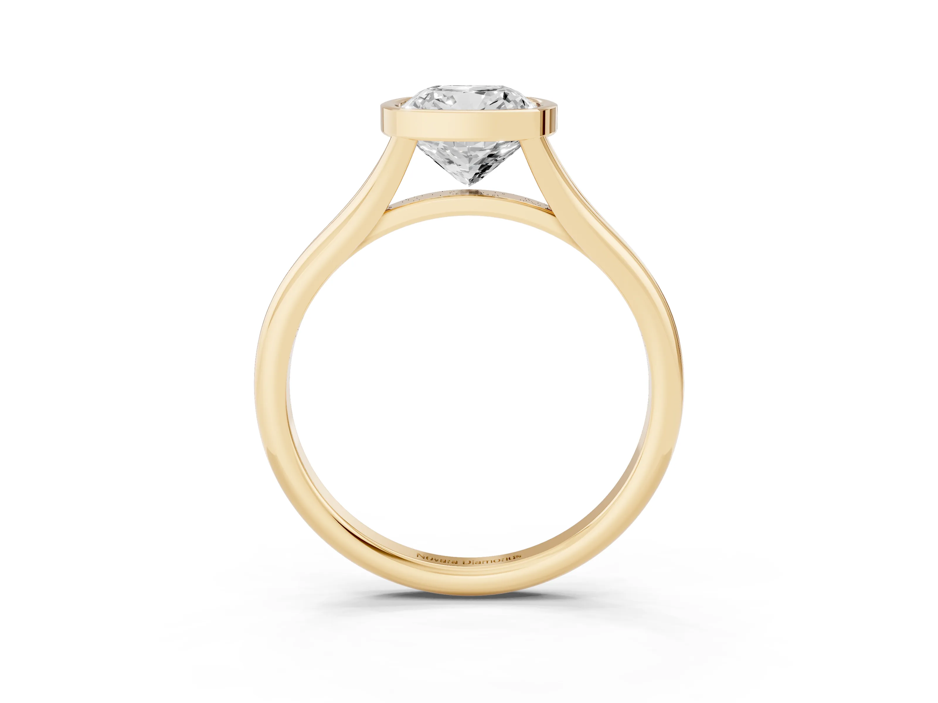 Bezel Set Cushion Cut Diamond Solitaire Ring Set in Yellow gold with Tapered Band
