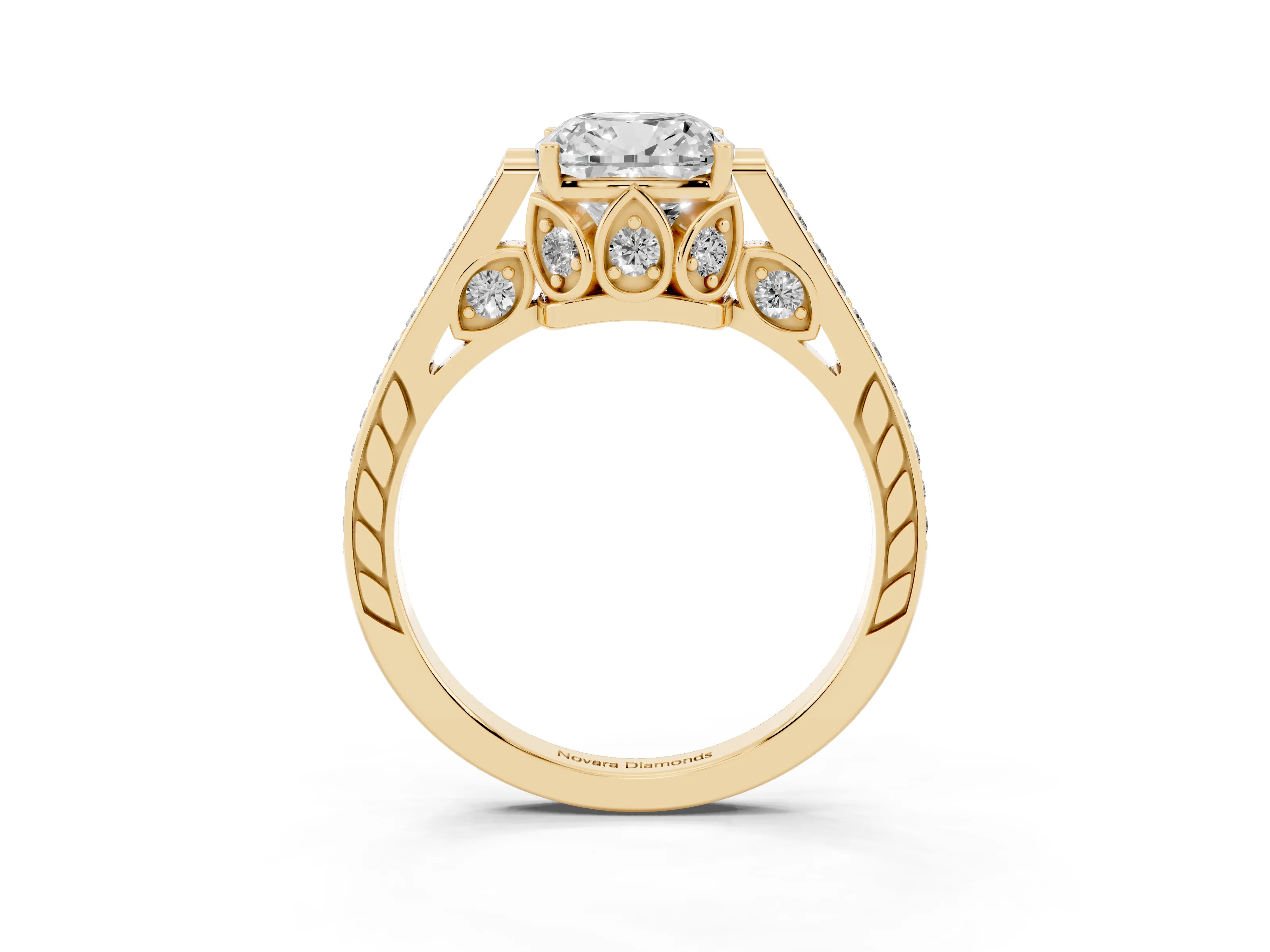 Cushion Cut Diamond Cathedral Pavé Engagement Ring Set in Yellow gold with Prong Setting