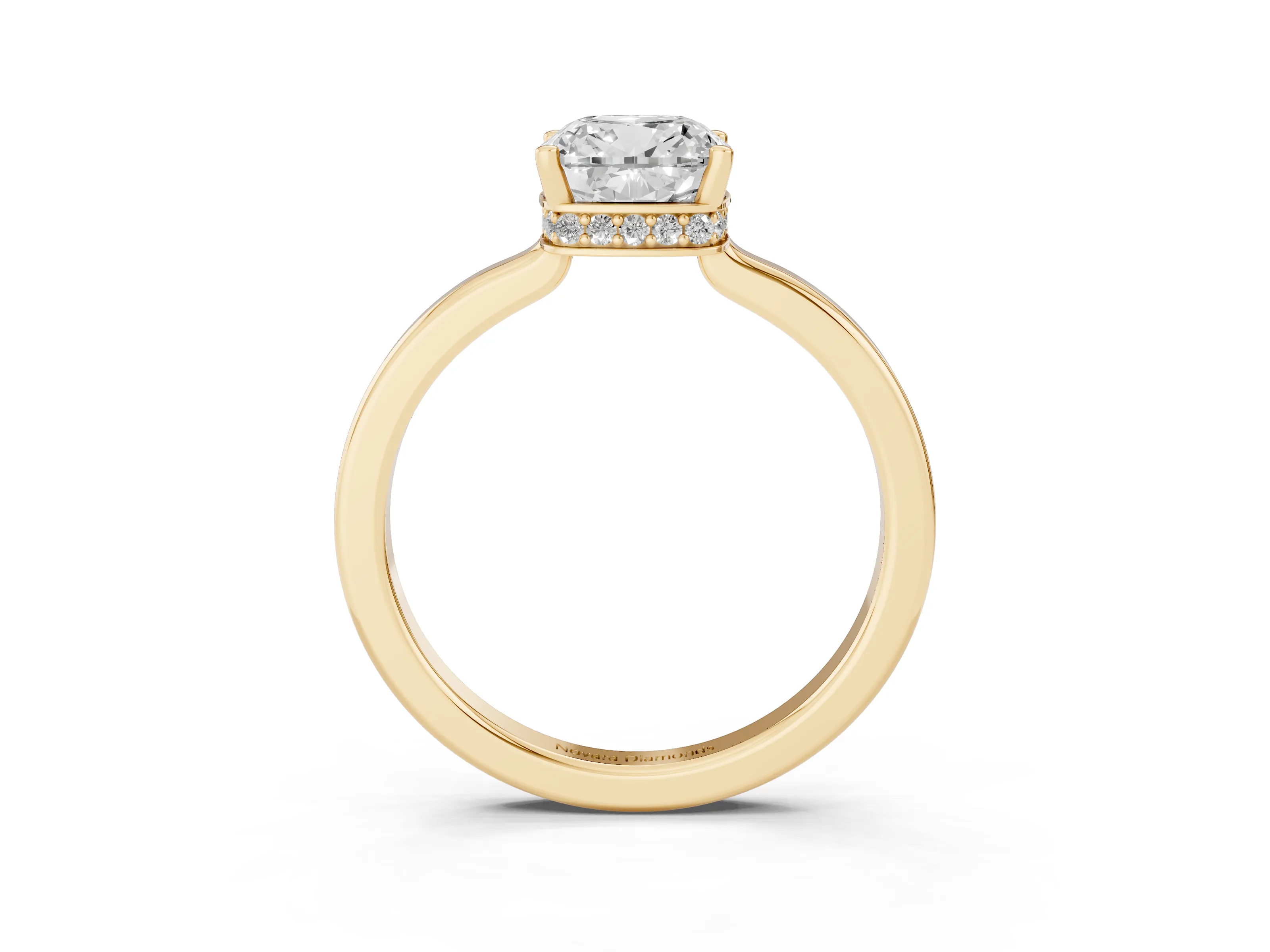 Cushion Cut Diamond Solitaire Engagement Ring Set in Yellow gold with Prong Setting on a Plain Band