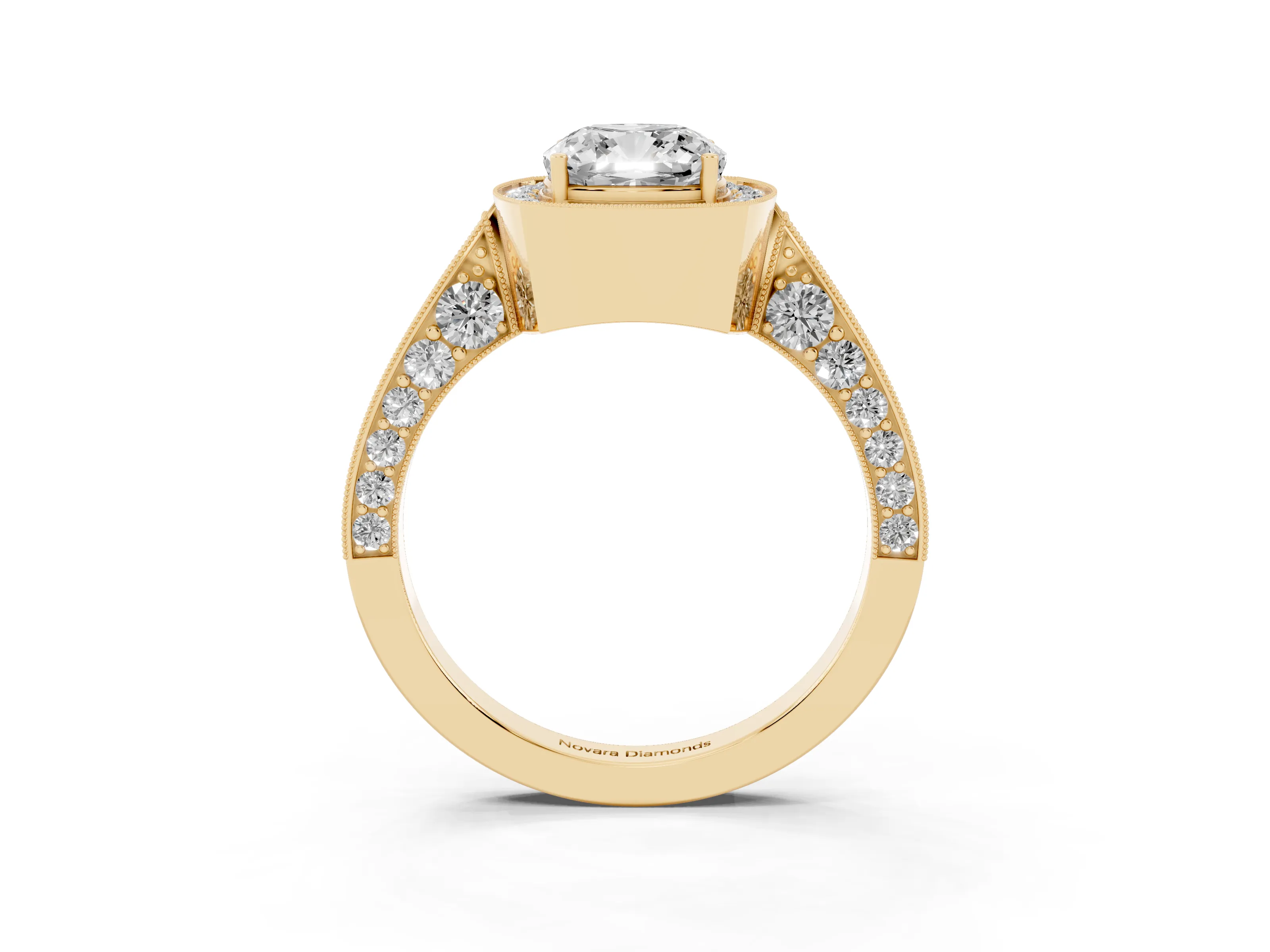 Cushion Cut Diamond Halo Engagement Ring Set in Yellow gold with Accent Split Shank Band