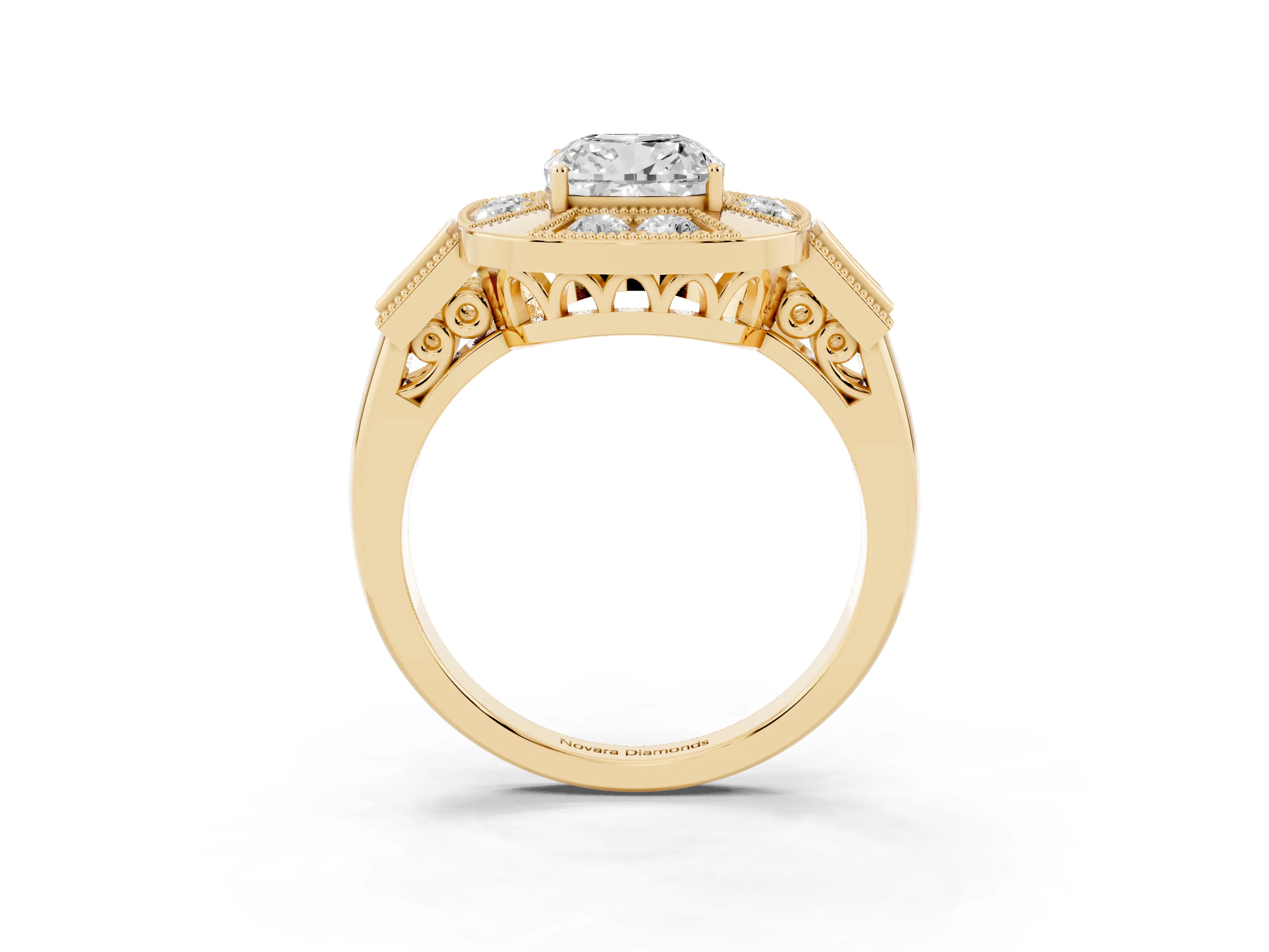 Cushion Cut Diamond Milgrain Halo Ring Set in Yellow gold with Split Shank