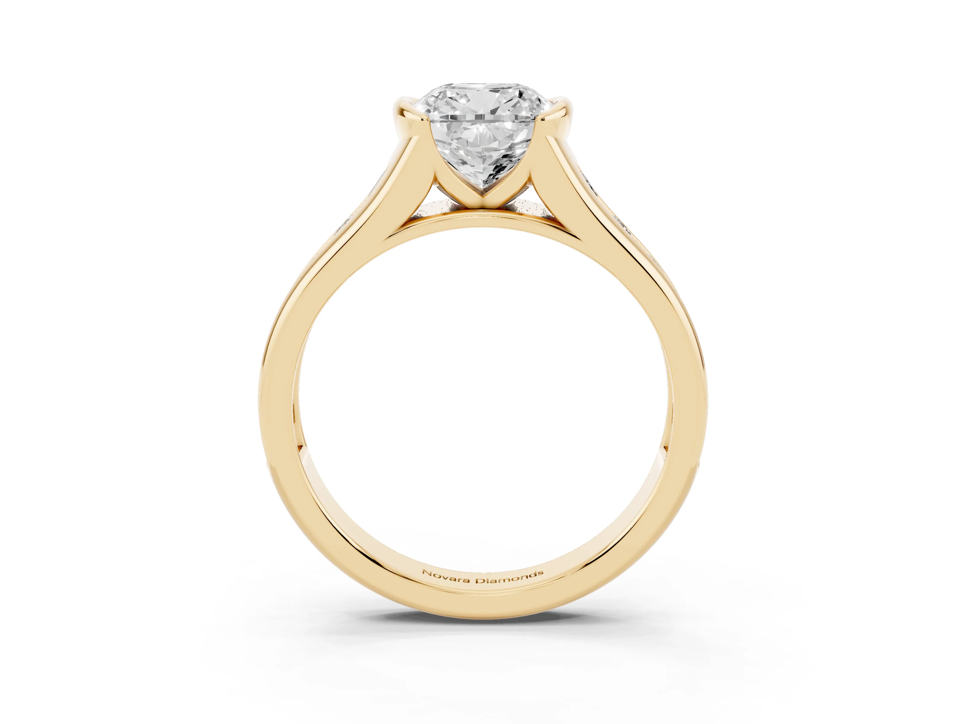 Cushion Cut Diamond Bezel-Set Solitaire Ring Set in Yellow gold with Channel-Set Band