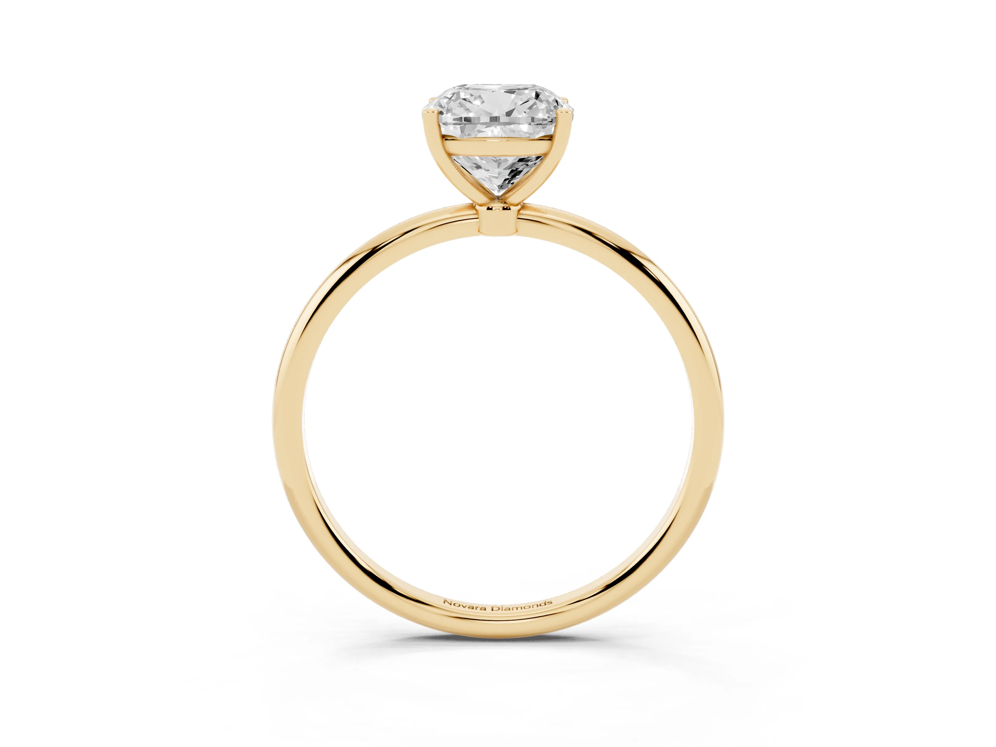Cushion Cut Diamond Solitaire Engagement Ring Set in Yellow gold with Thin Band and Prong Setting