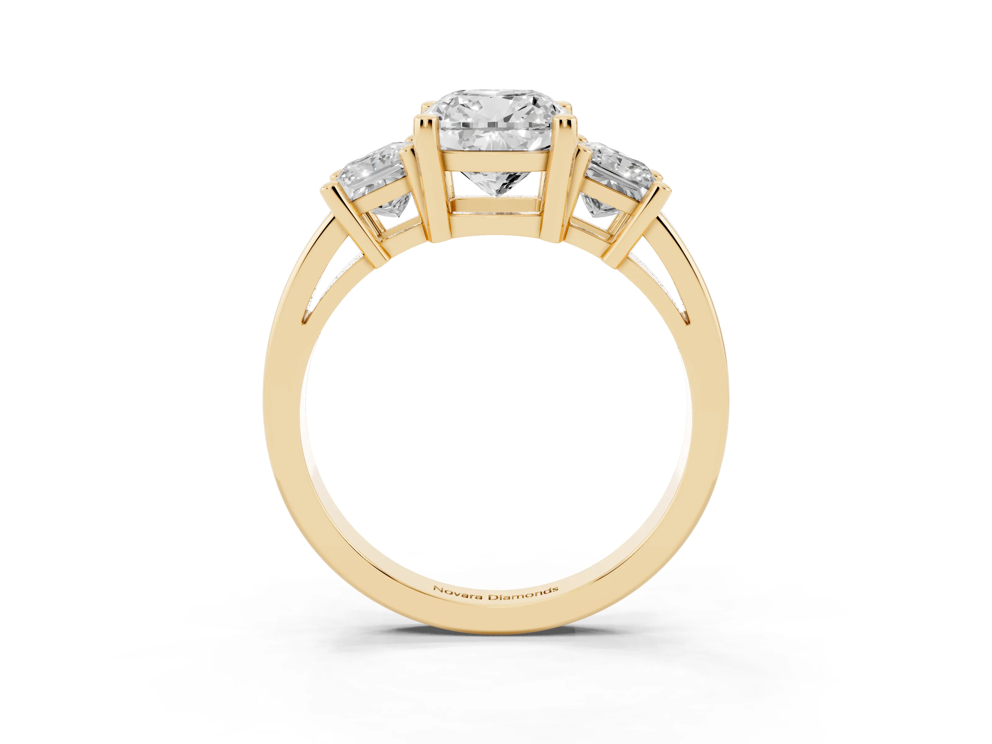 Three-Stone Cushion Cut Diamond Solitaire Ring Set in Yellow gold with Prong Setting