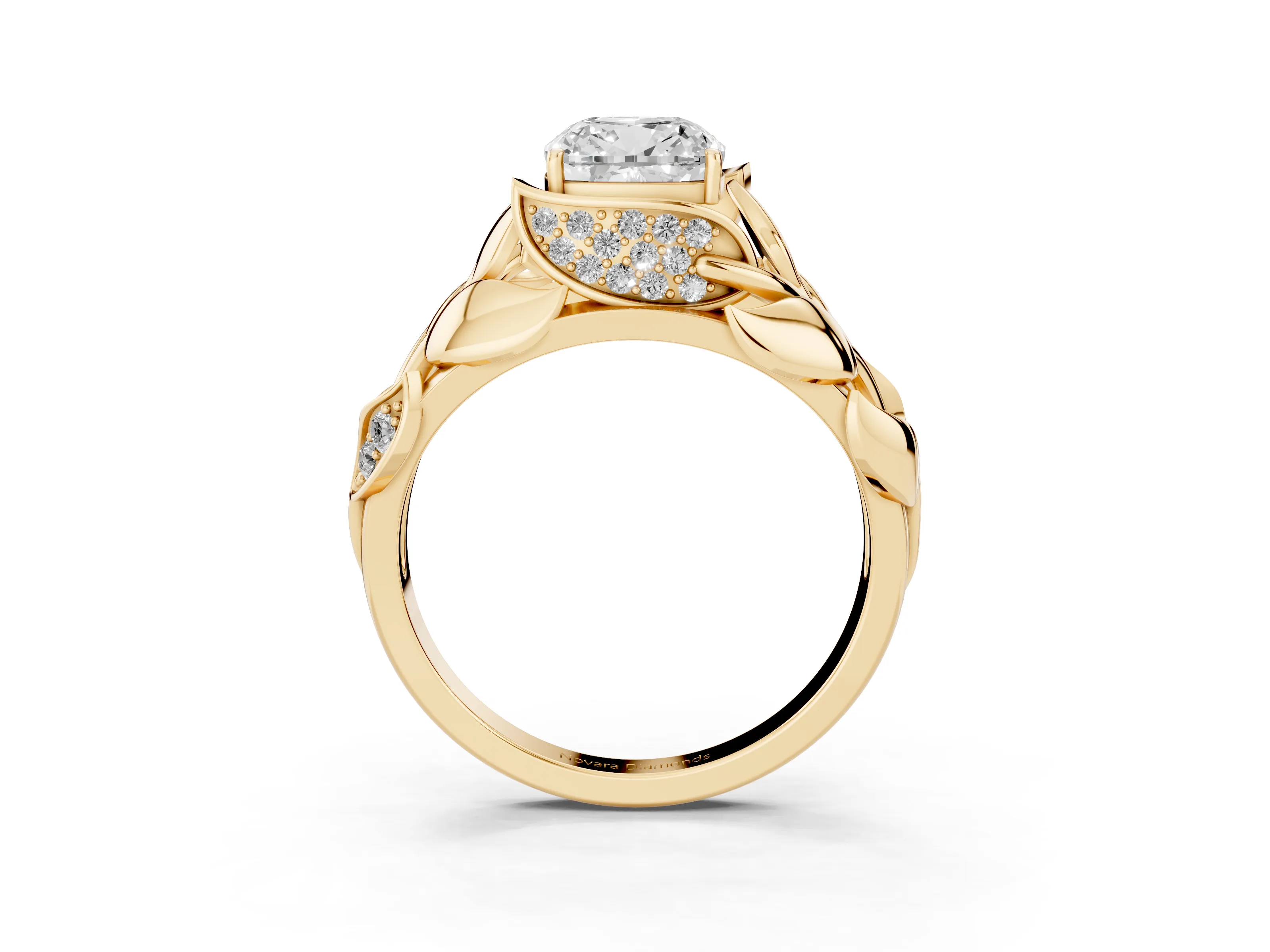 Cushion Cut Diamond Leaf-Inspired Engagement Ring Set in Yellow gold with Round Accents